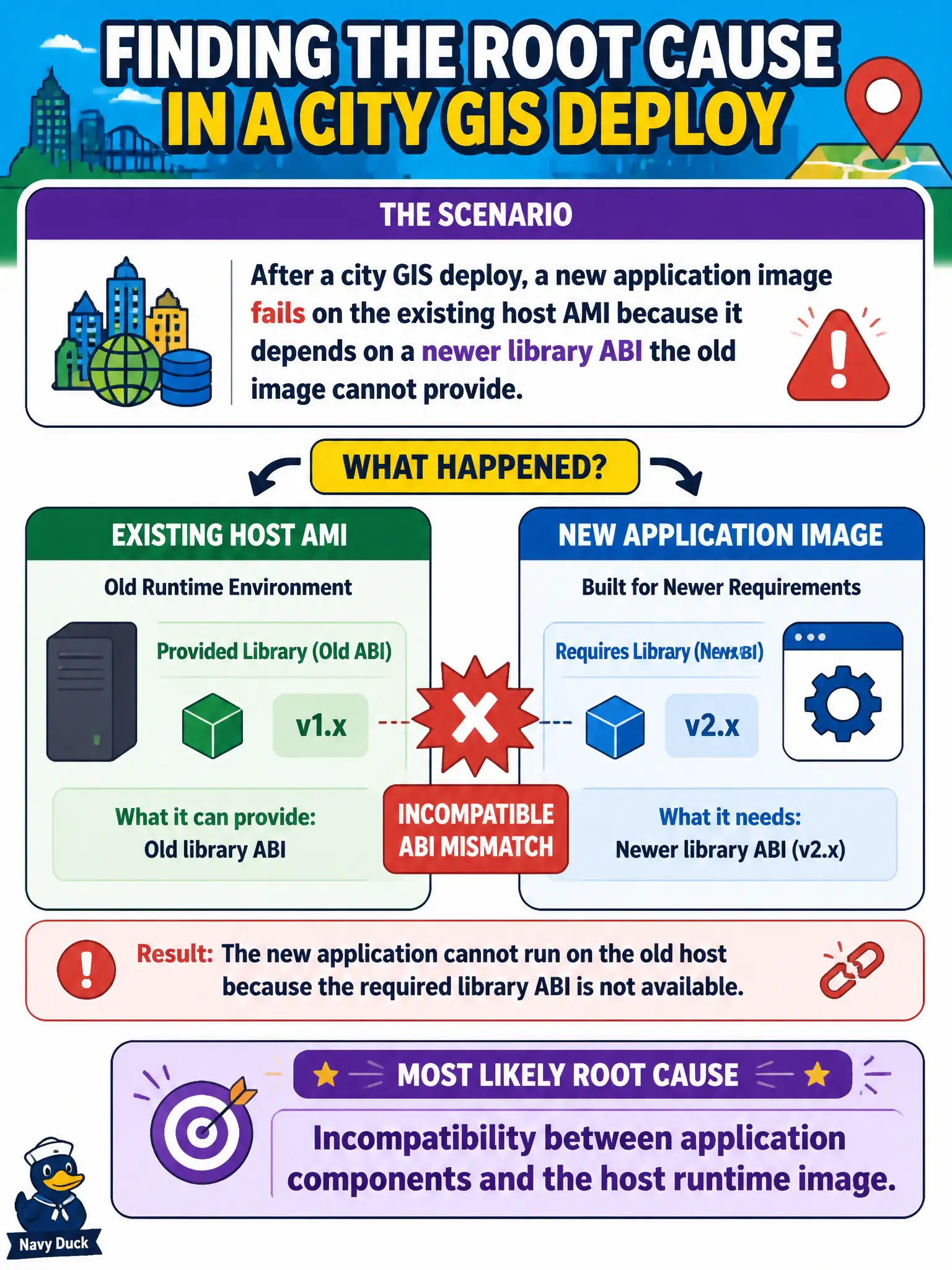 To Create an exciting colorful infographic that explains the concepts in the question: Question: After a city GIS deploy, a new application image fails on the existing host AMI because it depends on a newer library ABI the old image cannot provide. What is the most likely root cause category? Correct Answer: Incompatibility between application components and the host runtime image. Put EVERY visible label in double quotes. No people. No A/B/C/D letters. In one of the four corners put a little "Navy Duck".