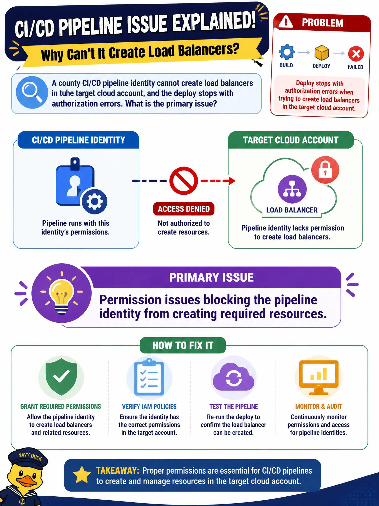 To Create an exciting colorful infographic that explains the concepts in the question: Question: A county CI/CD pipeline identity cannot create load balancers in the target cloud account, and the deploy stops with authorization errors. What is the primary issue? Correct Answer: Permission issues blocking the pipeline identity from creating required resources. Put EVERY visible label in double quotes. No people. No A/B/C/D letters. In one of the four corners put a little "Navy Duck".