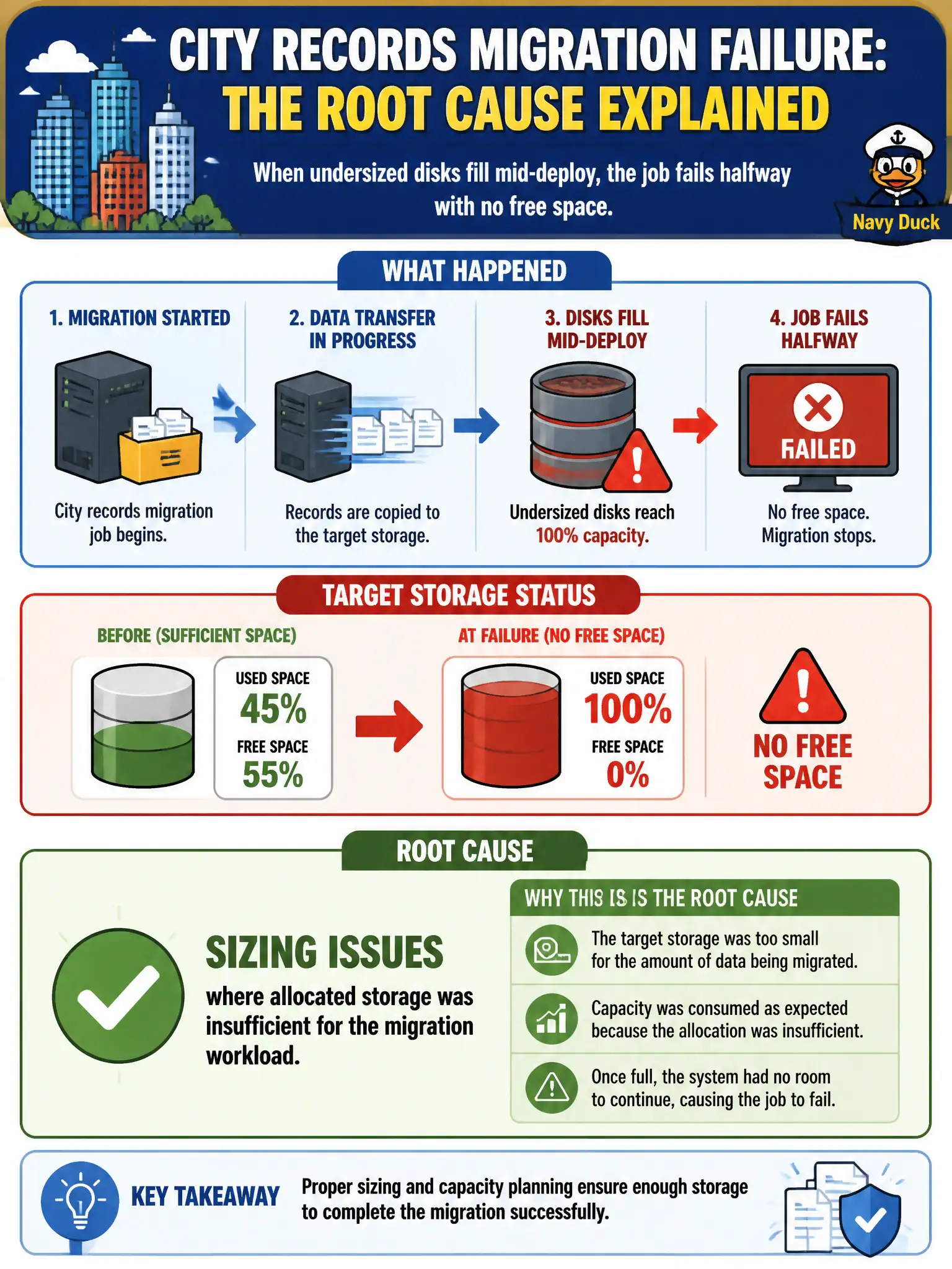 To Create an exciting colorful infographic that explains the concepts in the question: Question: During a city records migration, undersized disks fill mid-deploy and the job fails halfway with no free space. What is the most accurate root-cause category? Correct Answer: Sizing issues where allocated storage was insufficient for the migration workload. Put EVERY visible label in double quotes. No people. No A/B/C/D letters. In one of the four corners put a little "Navy Duck".
