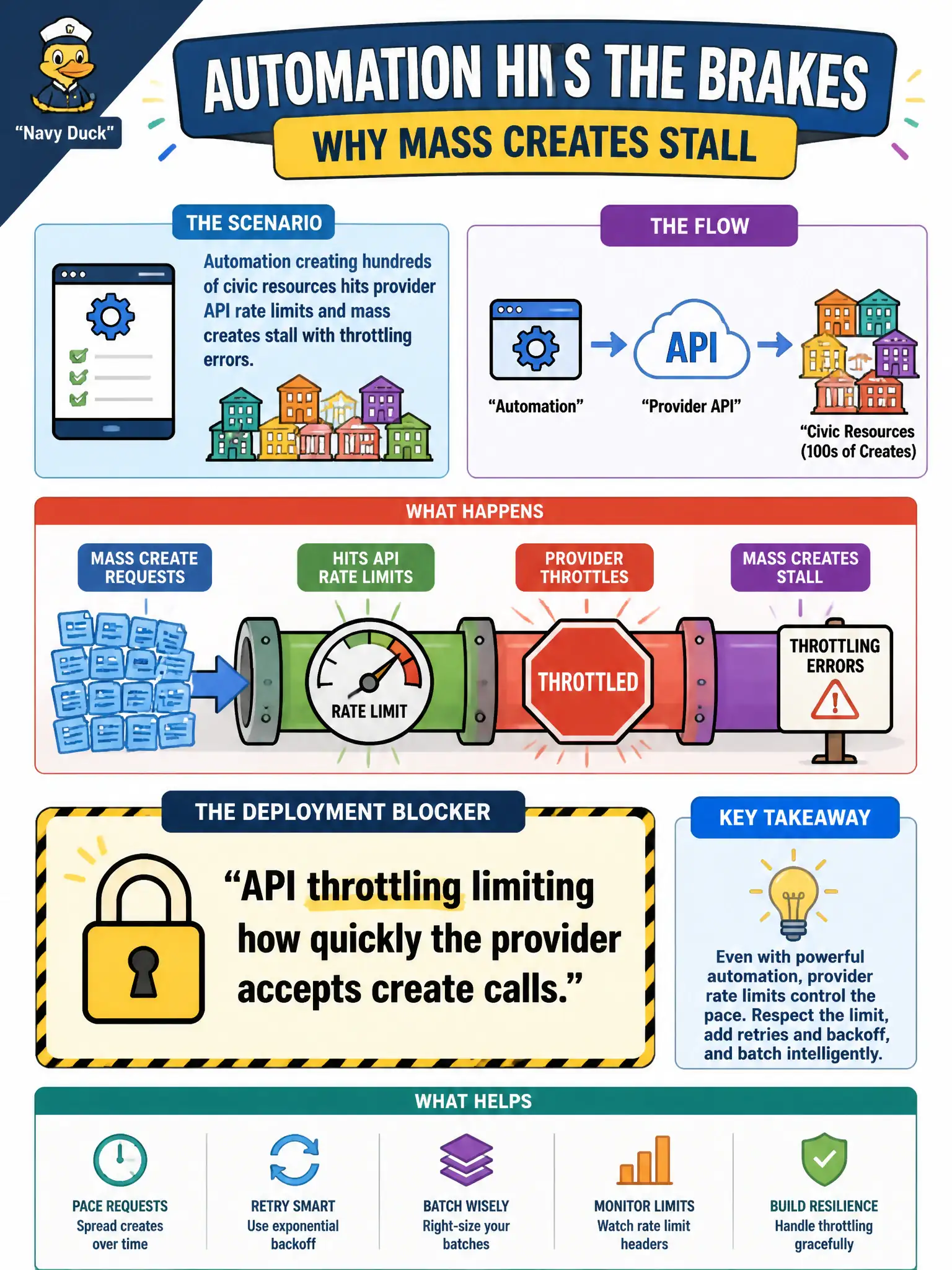 To Create an exciting colorful infographic that explains the concepts in the question: Question: Automation creating hundreds of civic resources hits provider API rate limits and mass creates stall with throttling errors. What is the deployment blocker? Correct Answer: API throttling limiting how quickly the provider accepts create calls. Put EVERY visible label in double quotes. No people. No A/B/C/D letters. In one of the four corners put a little "Navy Duck".