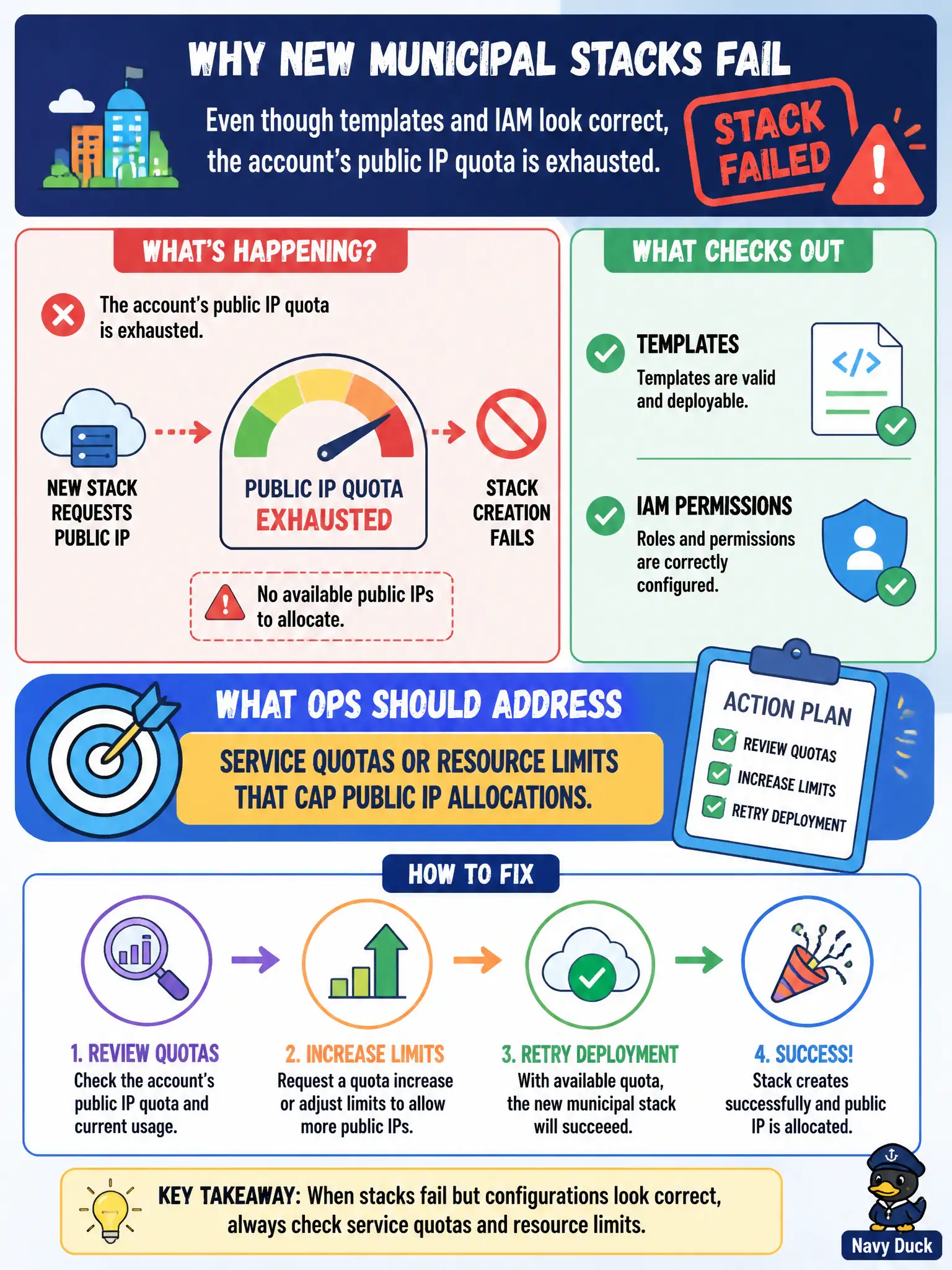 To Create an exciting colorful infographic that explains the concepts in the question: Question: New municipal stacks fail because the account’s public IP quota is exhausted even though templates and IAM look correct. What should ops address? Correct Answer: Service quotas or resource limits that cap public IP allocations. Put EVERY visible label in double quotes. No people. No A/B/C/D letters. In one of the four corners put a little "Navy Duck".