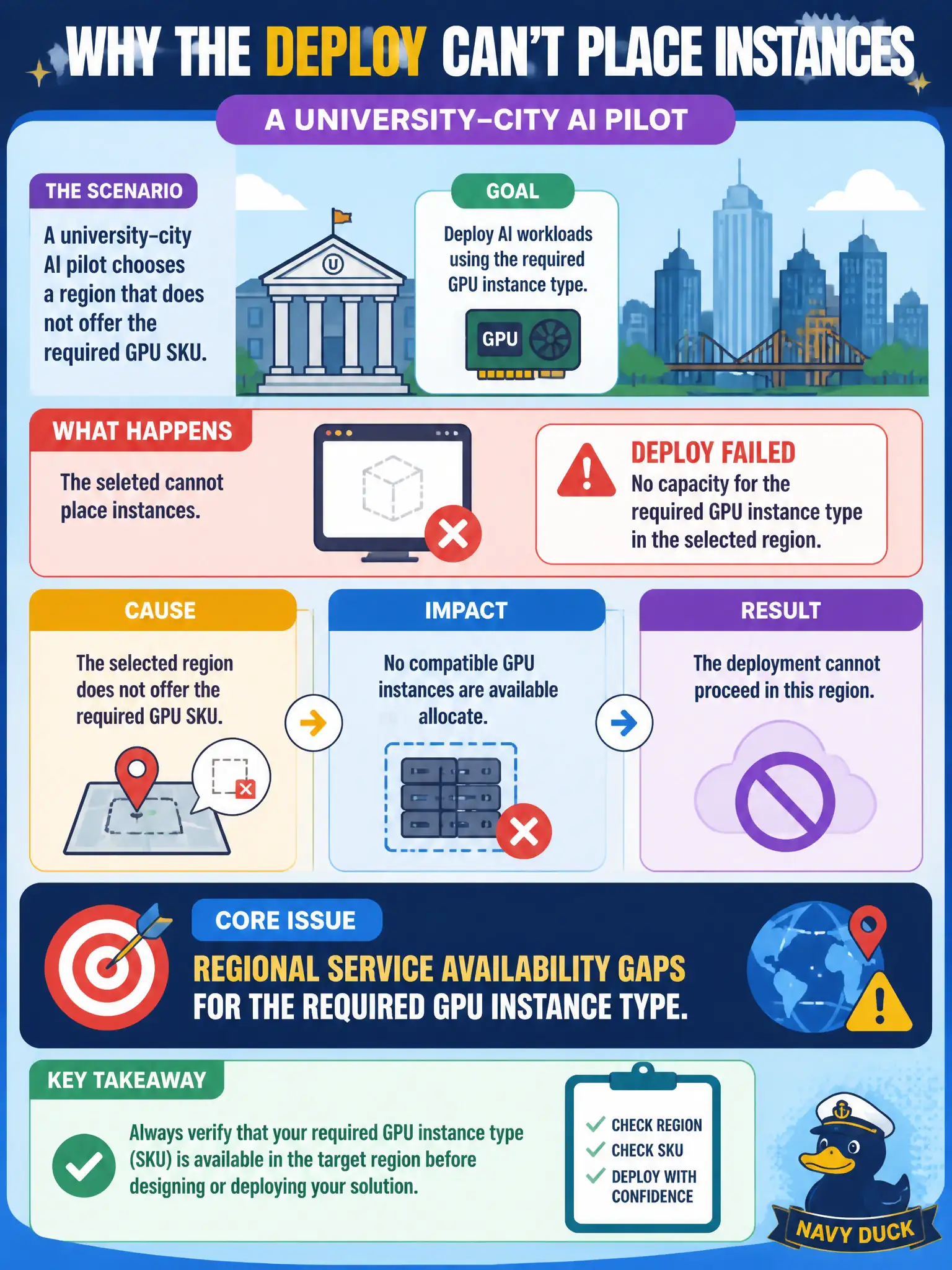 To Create an exciting colorful infographic that explains the concepts in the question: Question: A university–city AI pilot chooses a region that does not offer the required GPU SKU, so the deploy cannot place instances. What is the core issue? Correct Answer: Regional service availability gaps for the required GPU instance type. Put EVERY visible label in double quotes. No people. No A/B/C/D letters. In one of the four corners put a little "Navy Duck".