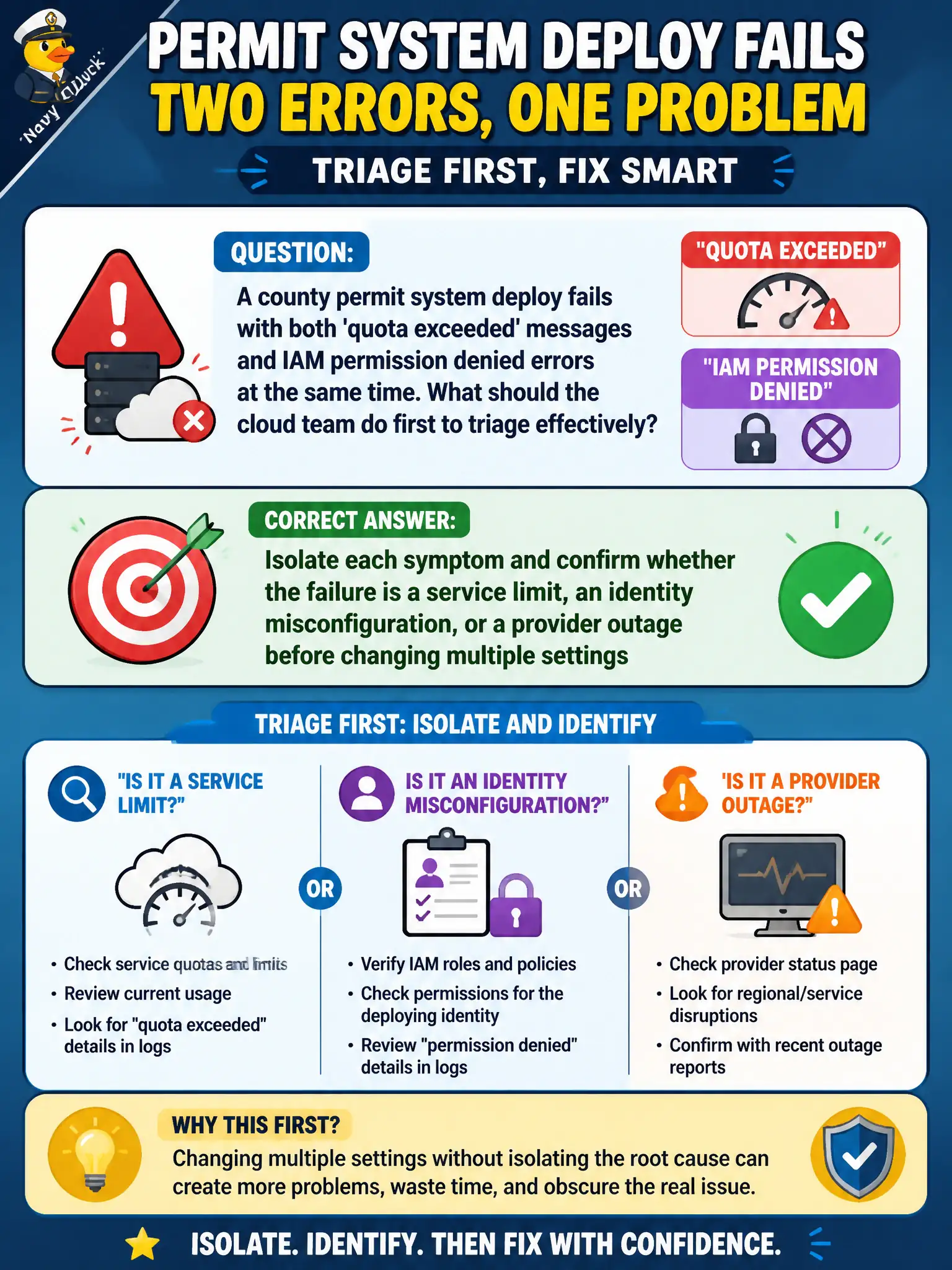 To Create an exciting colorful infographic that explains the concepts in the question: Question: A county permit system deploy fails with both 'quota exceeded' messages and IAM permission denied errors at the same time. What should the cloud team do first to triage effectively? Correct Answer: Isolate each symptom and confirm whether the failure is a service limit, an identity misconfiguration, or a provider outage before changing multiple settings Put EVERY visible label in double quotes. No people. No A/B/C/D letters. In one of the four corners put a little "Navy Duck".