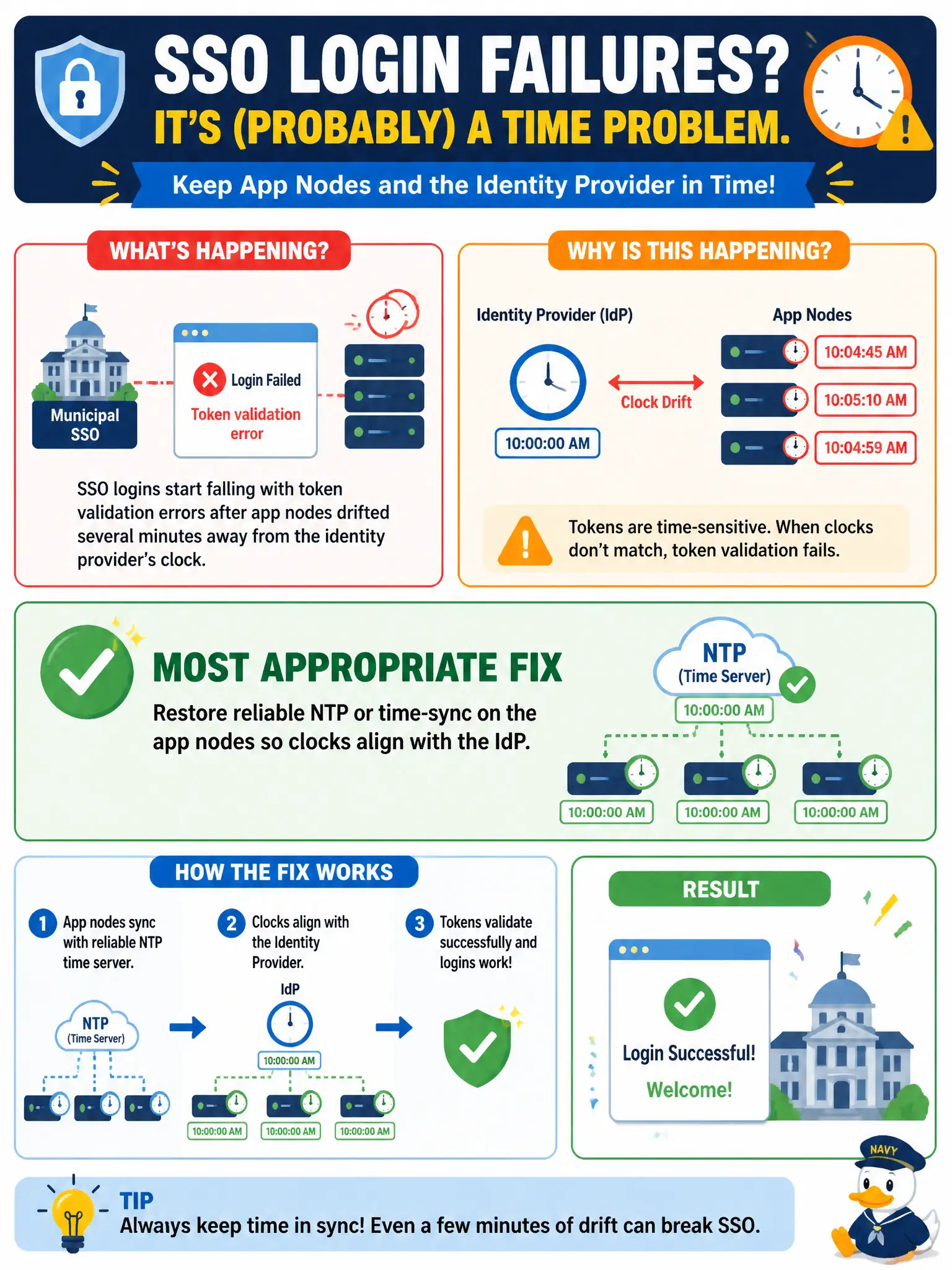 To Create an exciting colorful infographic that explains the concepts in the question: Question: Municipal SSO logins start failing with token validation errors after app nodes drifted several minutes away from the identity provider's clock. What is the most appropriate fix? Correct Answer: Restore reliable NTP or time-sync on the app nodes so clocks align with the IdP Put EVERY visible label in double quotes. No people. No A/B/C/D letters. In one of the four corners put a little "Navy Duck".