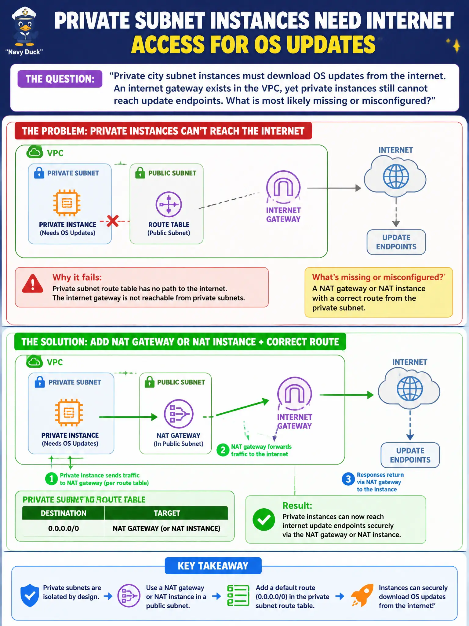 To Create an exciting colorful infographic that explains the concepts in the question: Question: Private city subnet instances must download OS updates from the internet. An internet gateway exists in the VPC, yet private instances still cannot reach update endpoints. What is most likely missing or misconfigured? Correct Answer: A NAT gateway or NAT instance with a correct route from the private subnet Put EVERY visible label in double quotes. No people. No A/B/C/D letters. In one of the four corners put a little "Navy Duck".