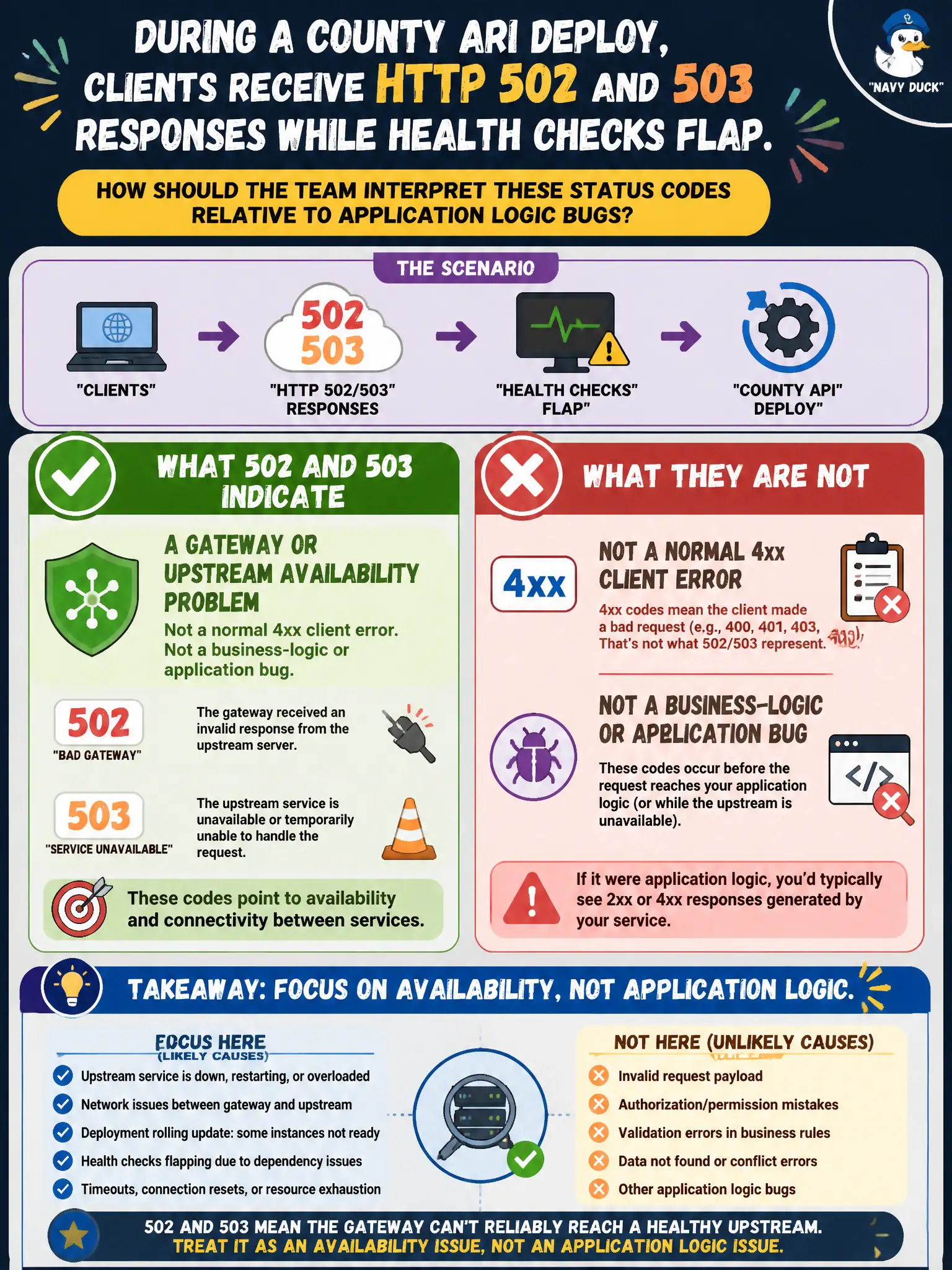 To Create an exciting colorful infographic that explains the concepts in the question: Question: During a county API deploy, clients receive HTTP 502 and 503 responses while health checks flap. How should the team interpret these status codes relative to application logic bugs? Correct Answer: They indicate a gateway or upstream availability problem rather than a normal 4xx client or business-logic error Put EVERY visible label in double quotes. No people. No A/B/C/D letters. In one of the four corners put a little "Navy Duck".