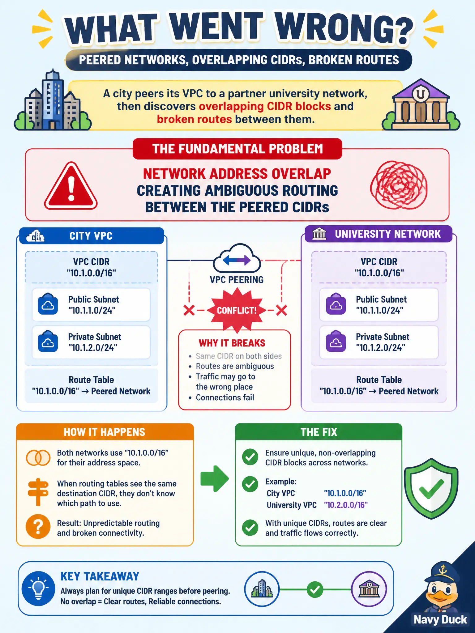 To Create an exciting colorful infographic that explains the concepts in the question: Question: A city peers its VPC to a partner university network, then discovers overlapping CIDR blocks and broken routes between them. What is the fundamental problem? Correct Answer: Network address overlap creating ambiguous routing between the peered CIDRs Put EVERY visible label in double quotes. No people. No A/B/C/D letters. In one of the four corners put a little "Navy Duck".