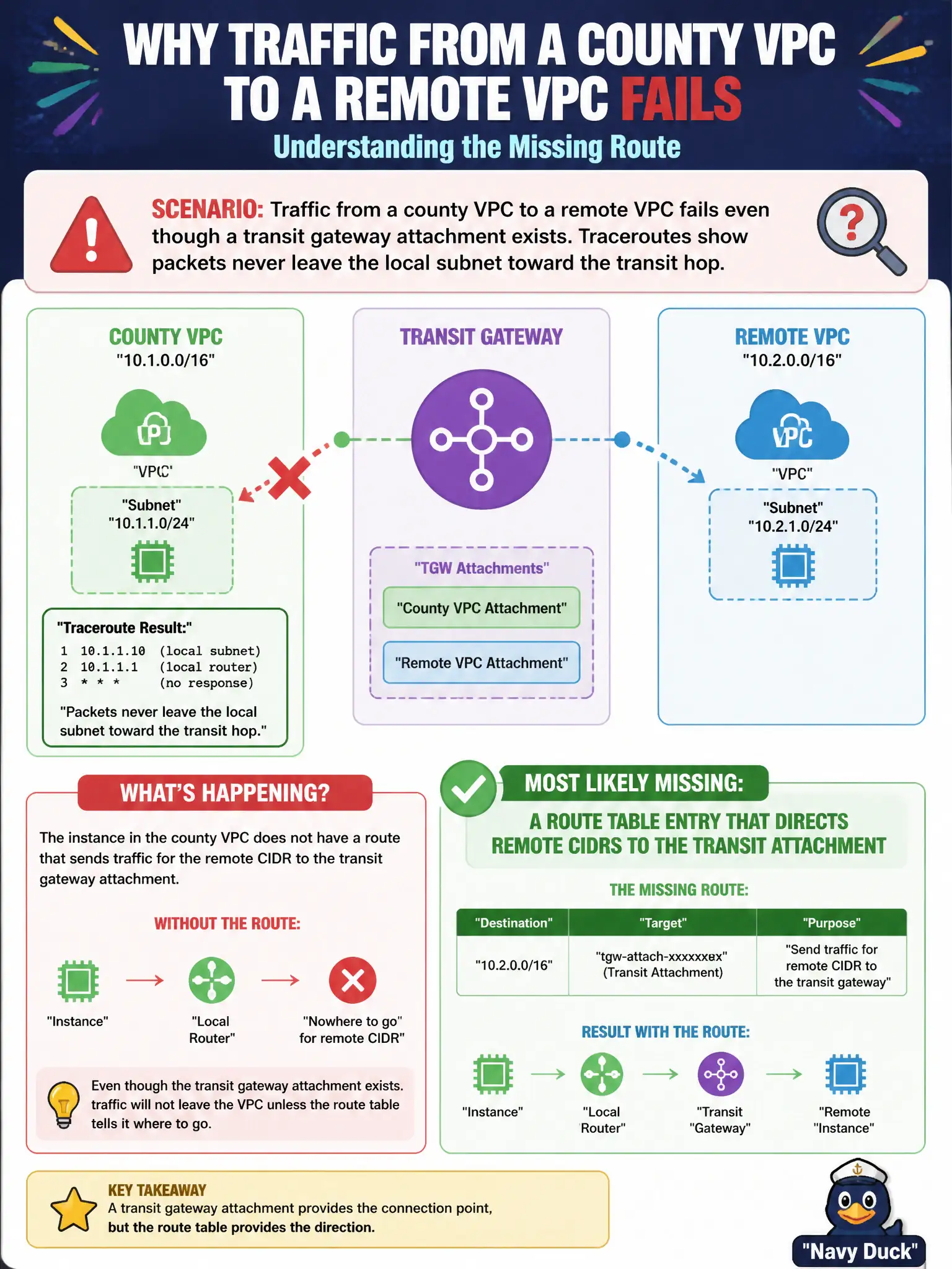 To Create an exciting colorful infographic that explains the concepts in the question: Question: Traffic from a county VPC to a remote VPC fails even though a transit gateway attachment exists. Traceroutes show packets never leave the local subnet toward the transit hop. What is most likely missing? Correct Answer: A route table entry that directs remote CIDRs to the transit attachment Put EVERY visible label in double quotes. No people. No A/B/C/D letters. In one of the four corners put a little "Navy Duck".
