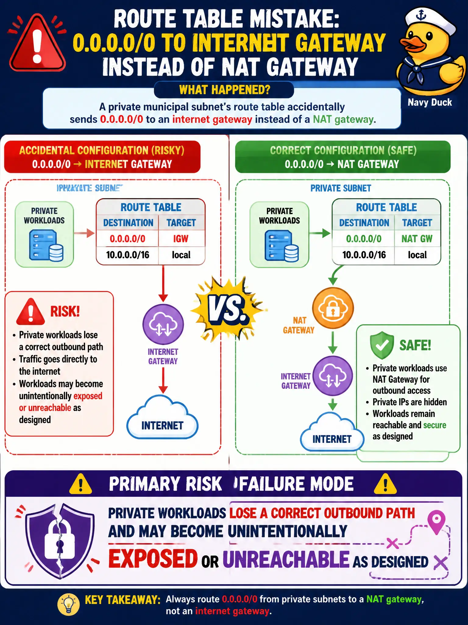 To Create an exciting colorful infographic that explains the concepts in the question: Question: A private municipal subnet's route table accidentally sends 0.0.0.0/0 to an internet gateway instead of a NAT gateway. What is the primary risk or failure mode? Correct Answer: Private workloads lose a correct outbound path and may become unintentionally exposed or unreachable as designed Put EVERY visible label in double quotes. No people. No A/B/C/D letters. In one of the four corners put a little "Navy Duck".