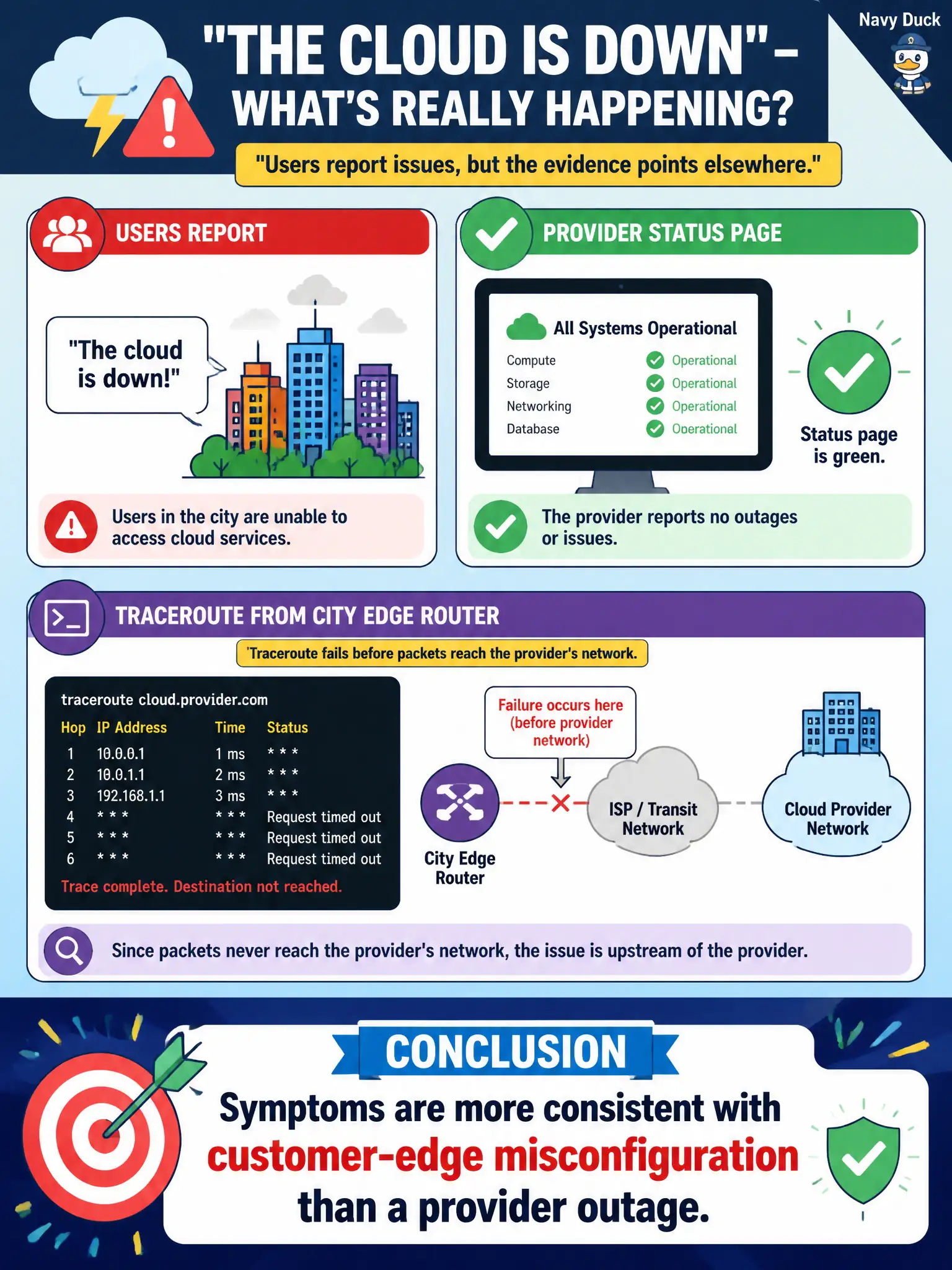 To Create an exciting colorful infographic that explains the concepts in the question: Question: Users report that 'the cloud is down,' but the provider status page is green and traceroute from city edge routers fails before packets reach the provider's network. What should the team conclude? Correct Answer: Symptoms are more consistent with customer-edge misconfiguration than a provider outage Put EVERY visible label in double quotes. No people. No A/B/C/D letters. In one of the four corners put a little "Navy Duck".