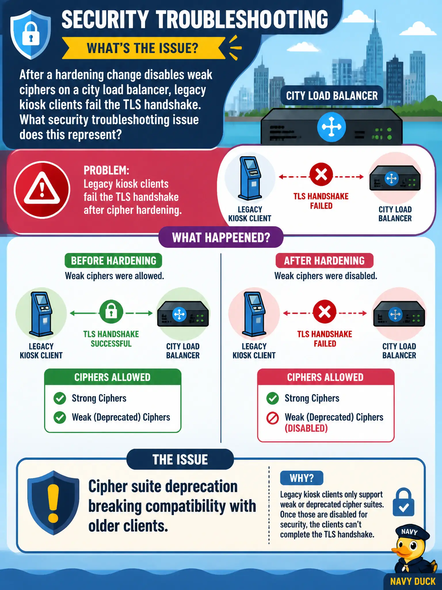 To Create an exciting colorful infographic that explains the concepts in the question: Question: After a hardening change disables weak ciphers on a city load balancer, legacy kiosk clients fail the TLS handshake. What security troubleshooting issue does this represent? Correct Answer: Cipher suite deprecation breaking compatibility with older clients Put EVERY visible label in double quotes. No people. No A/B/C/D letters. In one of the four corners put a little "Navy Duck".