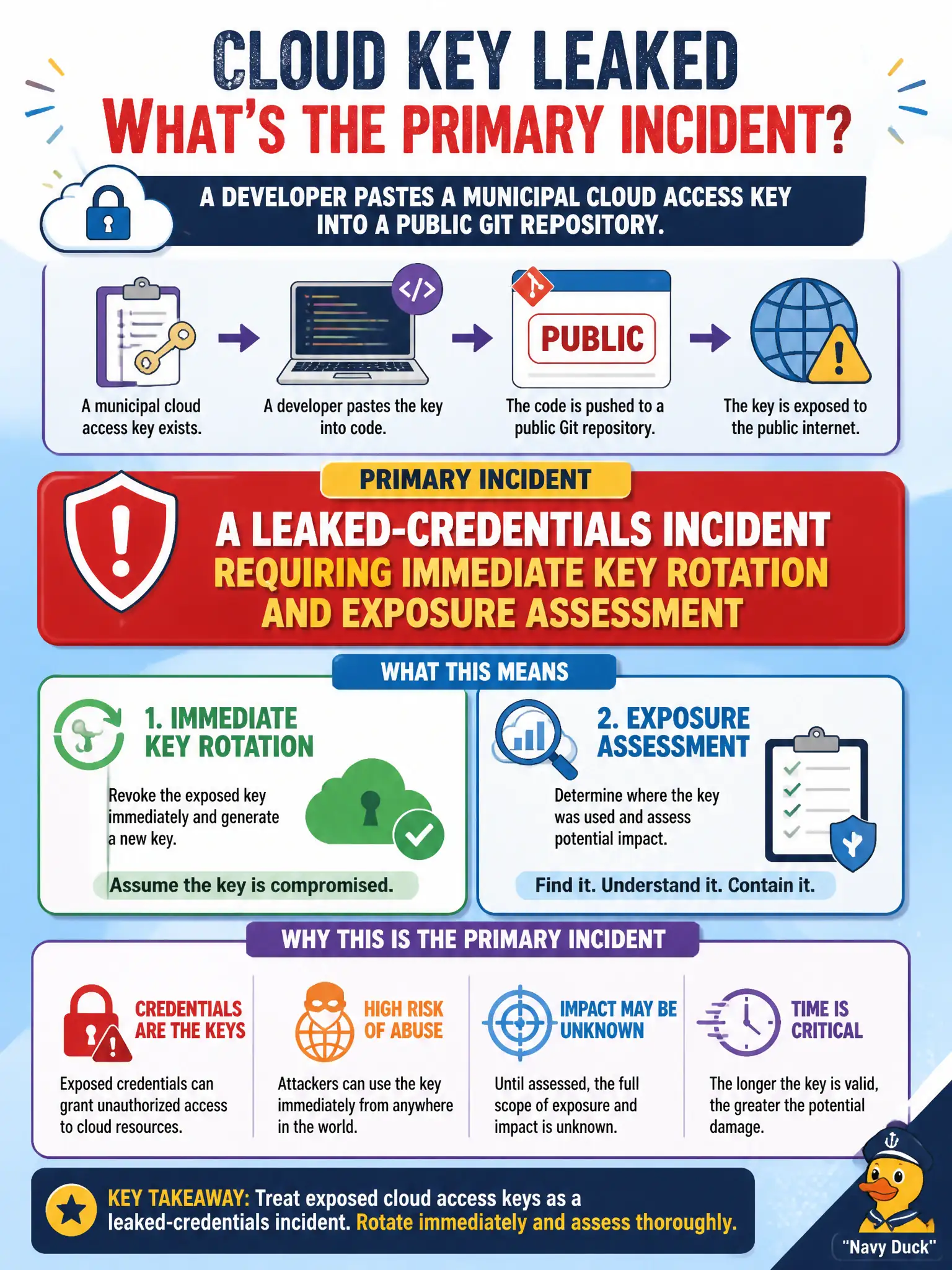 To Create an exciting colorful infographic that explains the concepts in the question: Question: A developer pastes a municipal cloud access key into a public Git repository. What should the team treat as the primary incident? Correct Answer: A leaked-credentials incident requiring immediate key rotation and exposure assessment Put EVERY visible label in double quotes. No people. No A/B/C/D letters. In one of the four corners put a little "Navy Duck".