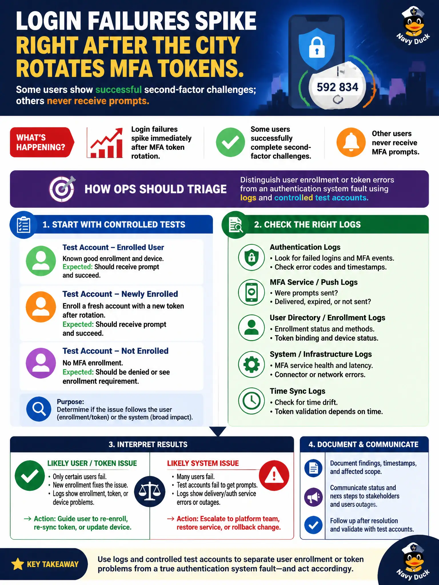 To Create an exciting colorful infographic that explains the concepts in the question: Question: Login failures spike right after the city rotates MFA tokens. Some users show successful second-factor challenges; others never receive prompts. How should ops triage? Correct Answer: Distinguish user enrollment or token errors from an authentication system fault using logs and controlled test accounts Put EVERY visible label in double quotes. No people. No A/B/C/D letters. In one of the four corners put a little "Navy Duck".
