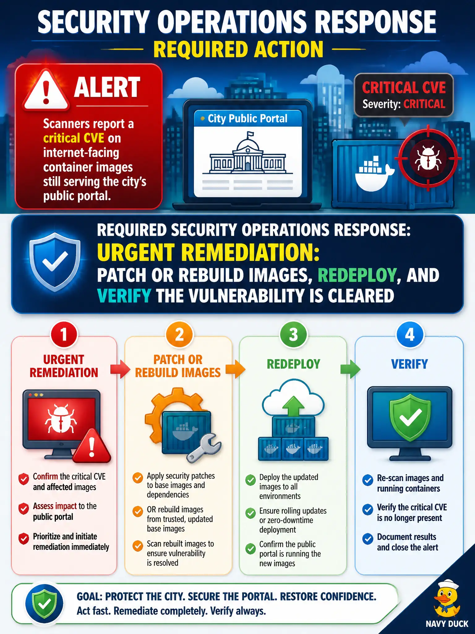 To Create an exciting colorful infographic that explains the concepts in the question: Question: Scanners report a critical CVE on internet-facing container images still serving the city's public portal. What is the required security operations response? Correct Answer: Urgent remediation: patch or rebuild images, redeploy, and verify the vulnerability is cleared Put EVERY visible label in double quotes. No people. No A/B/C/D letters. In one of the four corners put a little "Navy Duck".