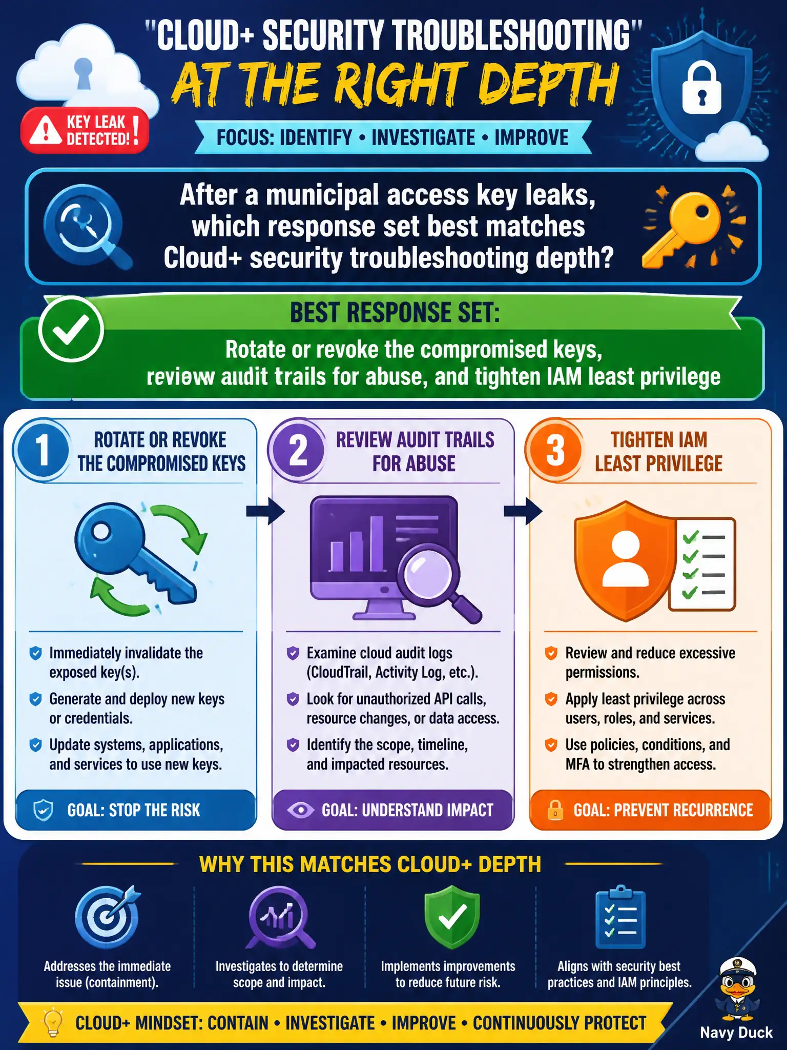 To Create an exciting colorful infographic that explains the concepts in the question: Question: After a municipal access key leaks, which response set best matches Cloud+ security troubleshooting depth? Correct Answer: Rotate or revoke the compromised keys, review audit trails for abuse, and tighten IAM least privilege Put EVERY visible label in double quotes. No people. No A/B/C/D letters. In one of the four corners put a little "Navy Duck".