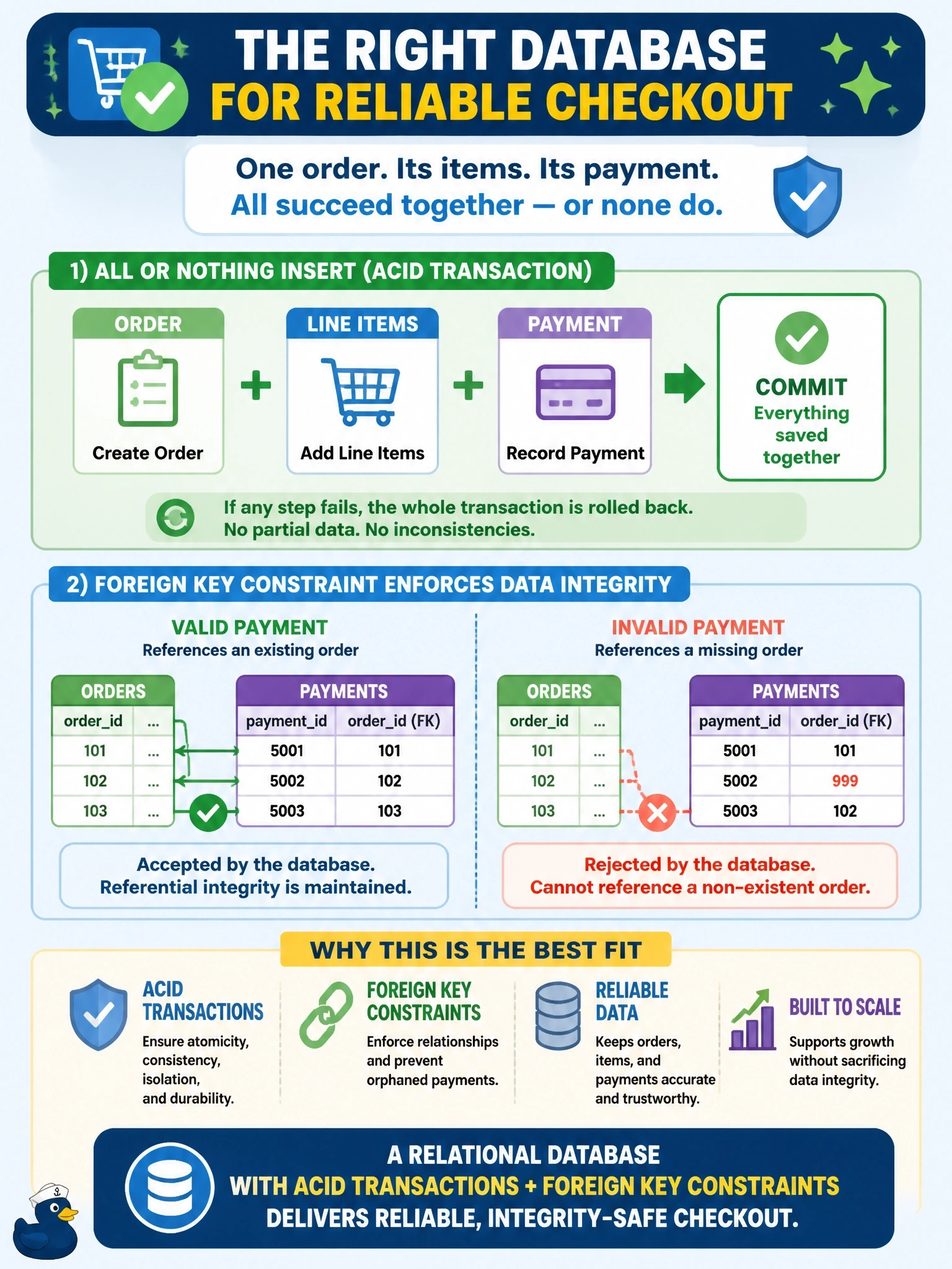 To Create an exciting colorful infographic that explains the concepts in the question: Question: A startup's checkout must insert an order, its line items and a payment row as one unit, and the database itself must reject any payment that references an order that does not exist. Which database type best fits these requirements? Correct Answer: A relational database that supports ACID transactions and enforces foreign key constraints Put EVERY visible label in double quotes. No people. No A/B/C/D letters. In one of the four corners put a little "Navy Duck".