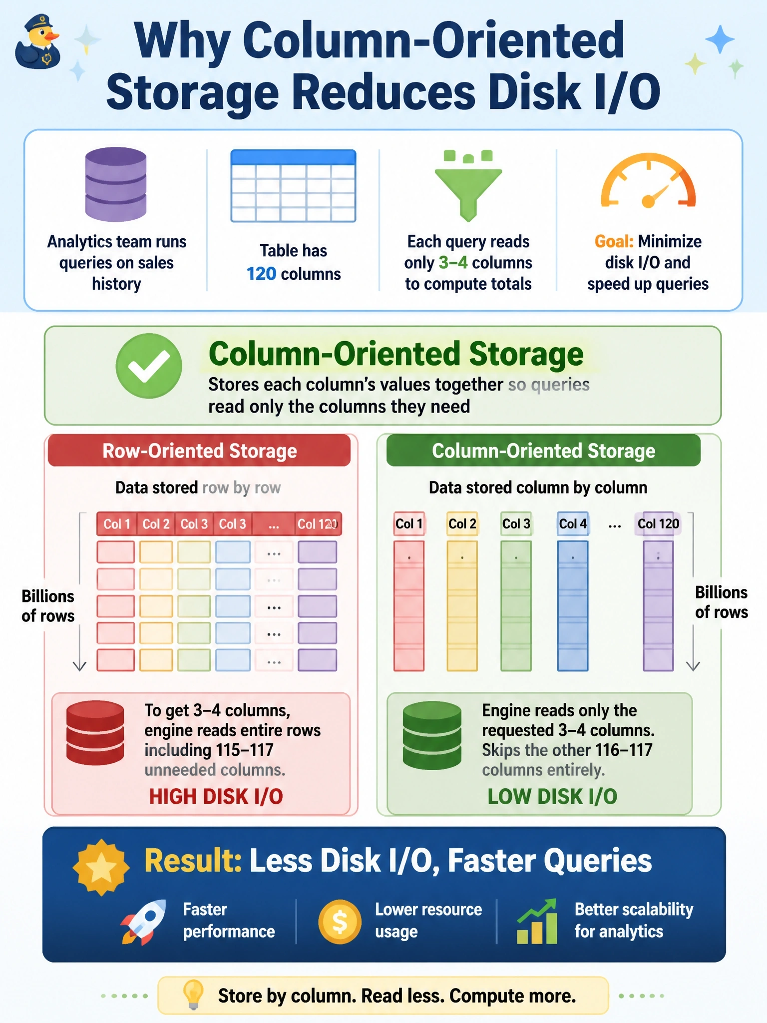 To Create an exciting colorful infographic that explains the concepts in the question: Question: An analytics team runs queries that scan billions of rows of sales history, but each query reads only three or four of the table's 120 columns to compute totals. Which storage model reduces the disk I/O for this workload the most? Correct Answer: Column-oriented storage, which stores each column's values together so queries read only the columns they need Put EVERY visible label in double quotes. No people. No A/B/C/D letters. In one of the four corners put a little "Navy Duck".