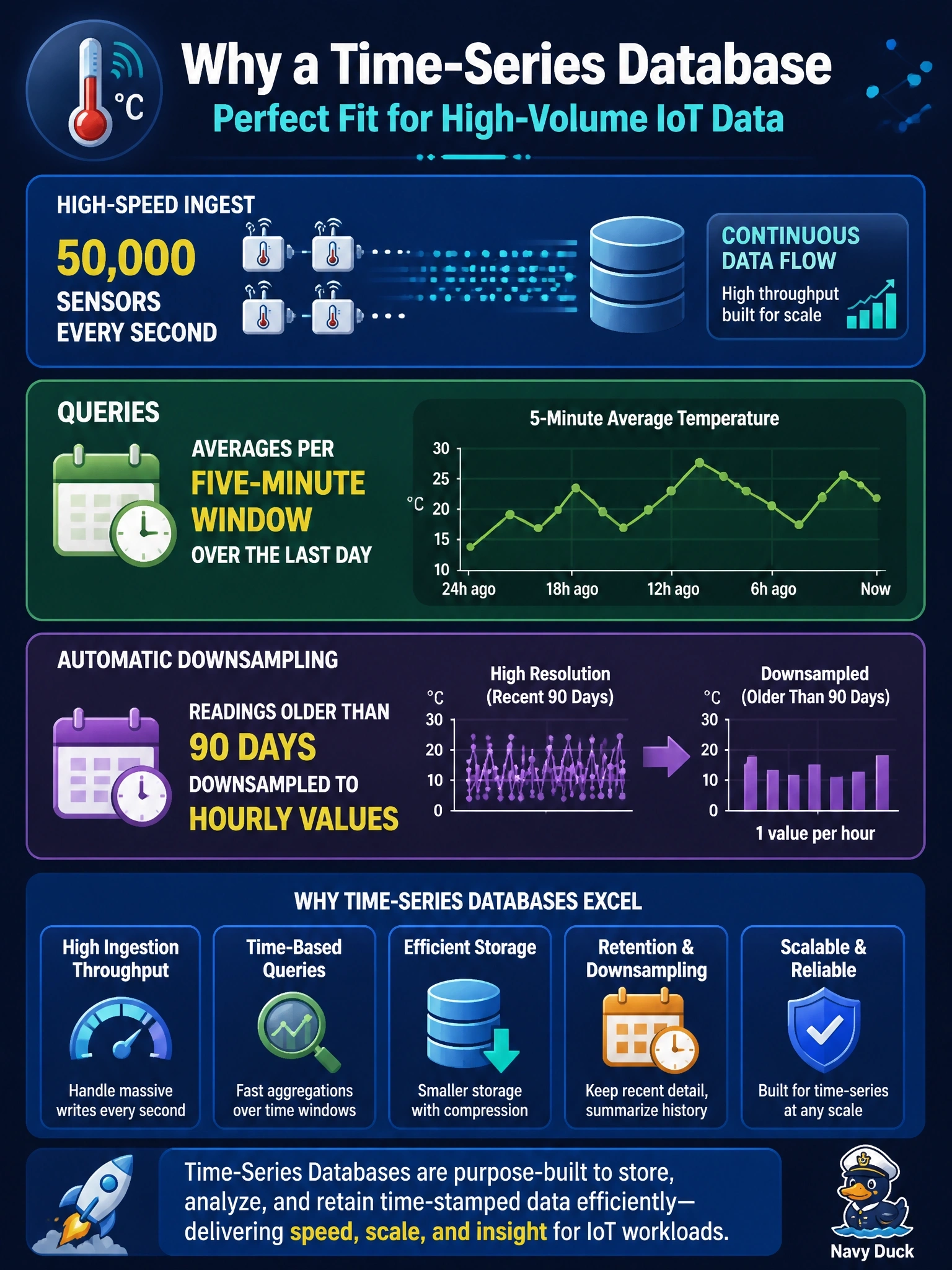 To Create an exciting colorful infographic that explains the concepts in the question: Question: An IoT platform ingests a temperature reading from 50,000 sensors every second. Queries ask for averages per five-minute window over the last day, and readings older than 90 days are downsampled to hourly values. Which database type best fits this workload? Correct Answer: A time-series database Put EVERY visible label in double quotes. No people. No A/B/C/D letters. In one of the four corners put a little "Navy Duck".