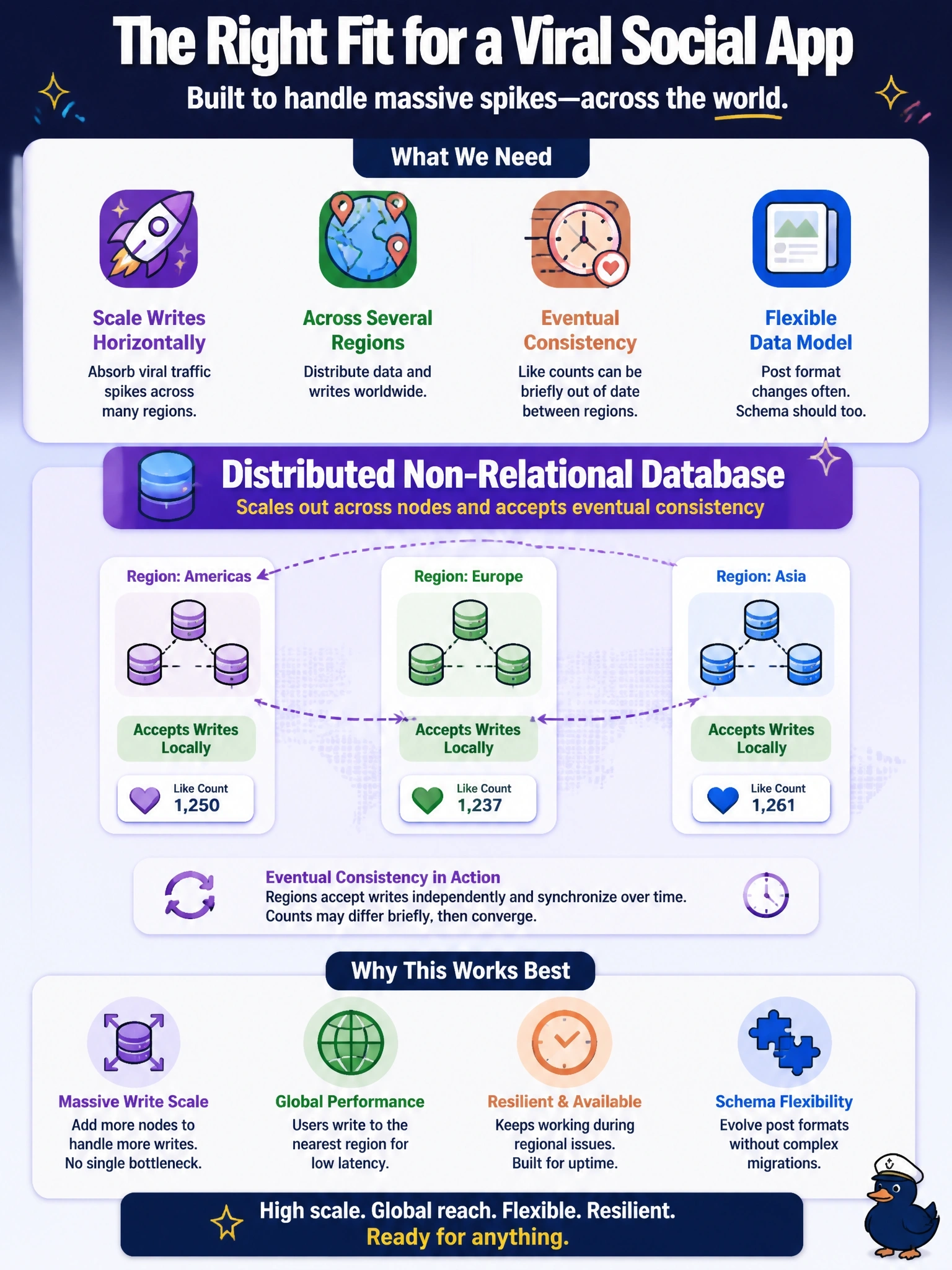 To Create an exciting colorful infographic that explains the concepts in the question: Question: A social media app must scale writes horizontally across several regions to absorb viral traffic spikes. A post's like count can be briefly out of date between regions without harming the business, and the post format changes often. Which choice best fits these requirements? Correct Answer: A distributed non-relational database that scales out across nodes and accepts eventual consistency Put EVERY visible label in double quotes. No people. No A/B/C/D letters. In one of the four corners put a little "Navy Duck".