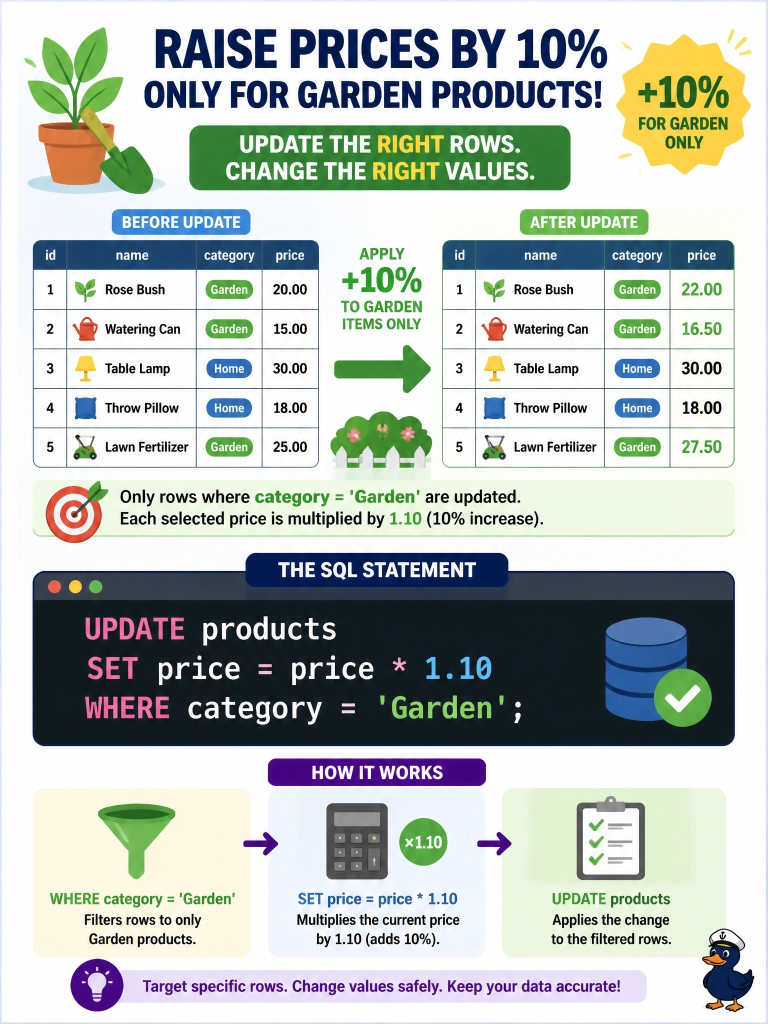 To Create an exciting colorful infographic that explains the concepts in the question: Question: Prices in the products table must rise by 10 percent, but only for products in the 'Garden' category. Which statement makes this change correctly? Correct Answer: UPDATE products SET price = price 1.10 WHERE category = 'Garden'; Put EVERY visible label in double quotes. No people. No A/B/C/D letters. In one of the four corners put a little "Navy Duck".