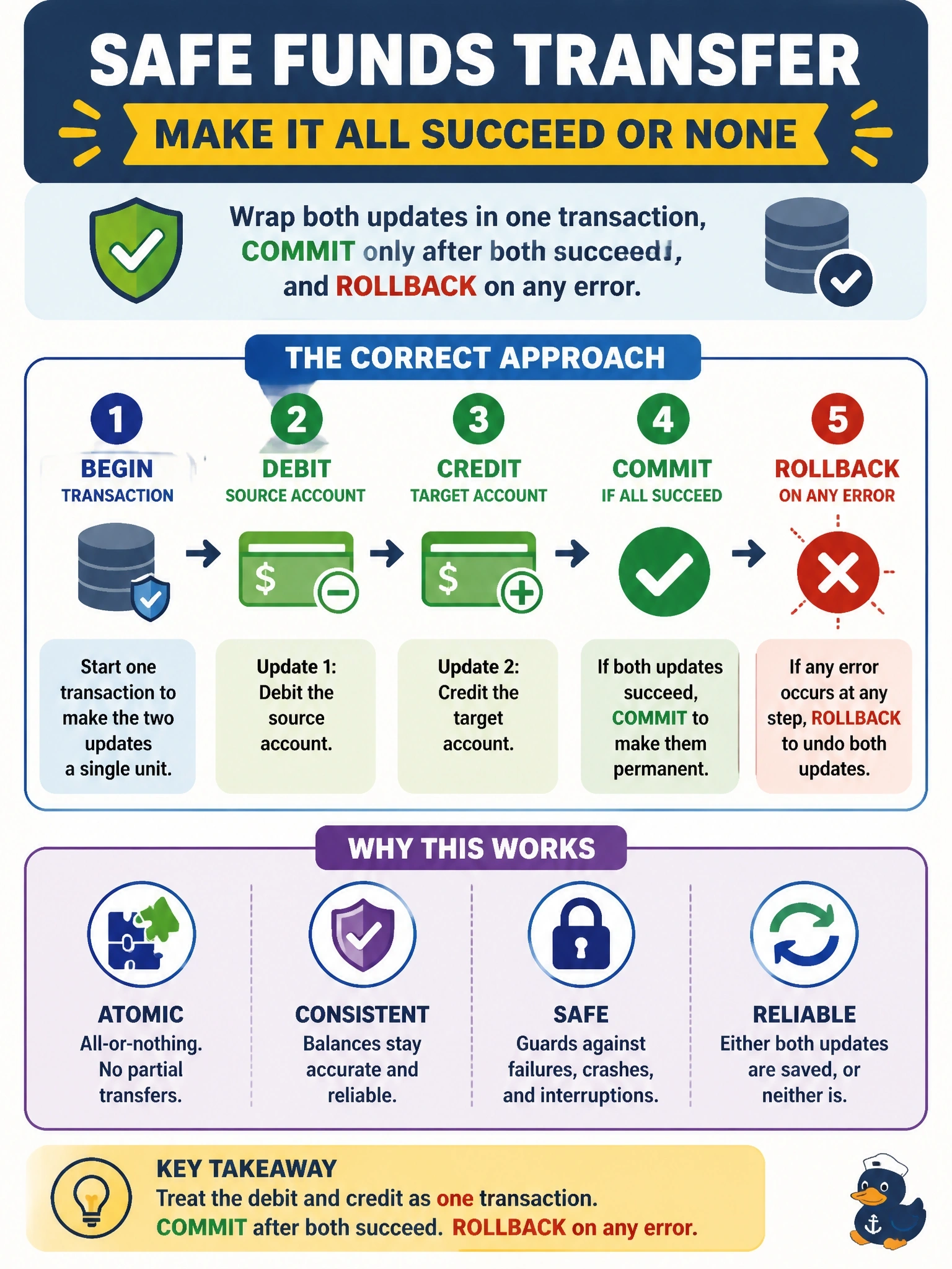To Create an exciting colorful infographic that explains the concepts in the question: Question: A funds-transfer routine debits one account and then credits another. Yesterday the server failed between the two UPDATE statements, leaving money debited but never credited. How should the routine be changed? Correct Answer: Wrap both updates in one transaction, COMMIT only after both succeed, and ROLLBACK on any error Put EVERY visible label in double quotes. No people. No A/B/C/D letters. In one of the four corners put a little "Navy Duck".