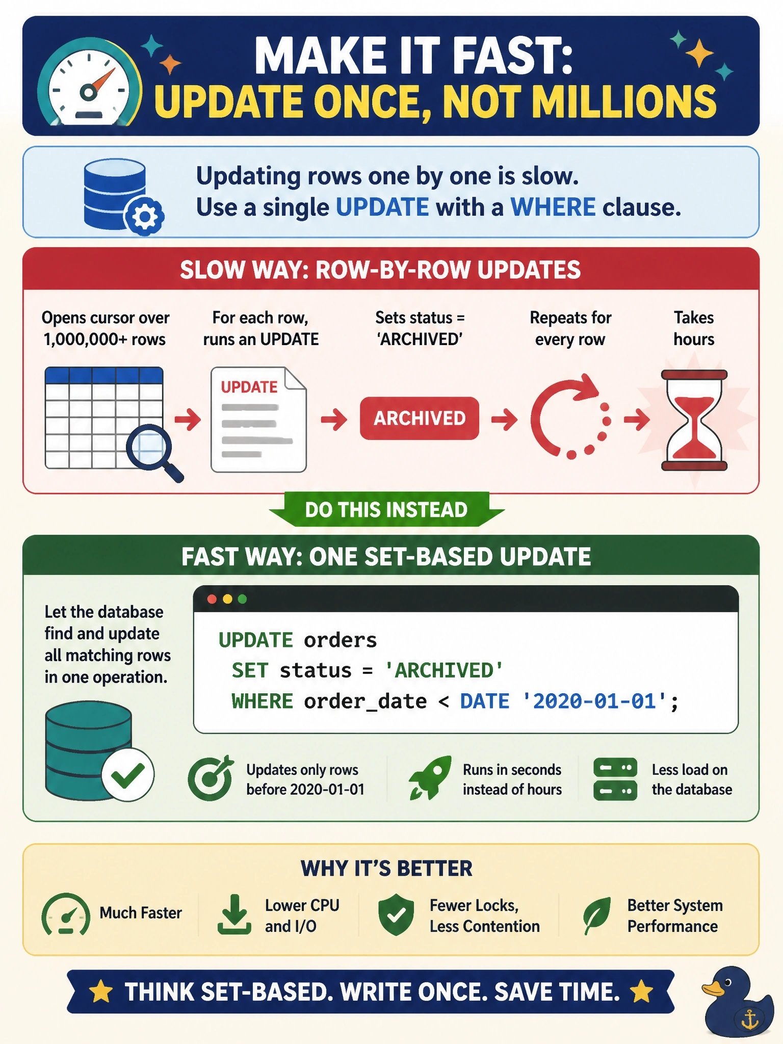 To Create an exciting colorful infographic that explains the concepts in the question: Question: A developer's script opens a cursor over one million rows in the orders table and, for each row, runs an UPDATE that sets status = 'ARCHIVED' when orderdate is before 2020-01-01. The job takes hours. What should the DBA recommend? Correct Answer: Replace the loop with one UPDATE that filters on orderdate in its WHERE clause Put EVERY visible label in double quotes. No people. No A/B/C/D letters. In one of the four corners put a little "Navy Duck".