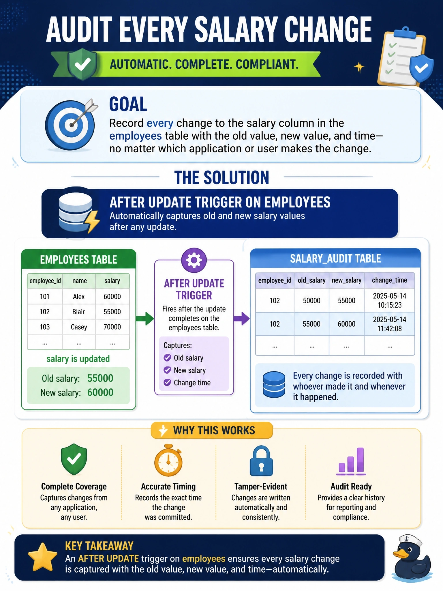 To Create an exciting colorful infographic that explains the concepts in the question: Question: Compliance requires that every change to the salary column in the employees table be recorded in a salaryaudit table with the old value, new value and time, no matter which application or user makes the change. Which approach meets this requirement? Correct Answer: An AFTER UPDATE trigger on employees that writes the old and new salary values to salaryaudit Put EVERY visible label in double quotes. No people. No A/B/C/D letters. In one of the four corners put a little "Navy Duck".