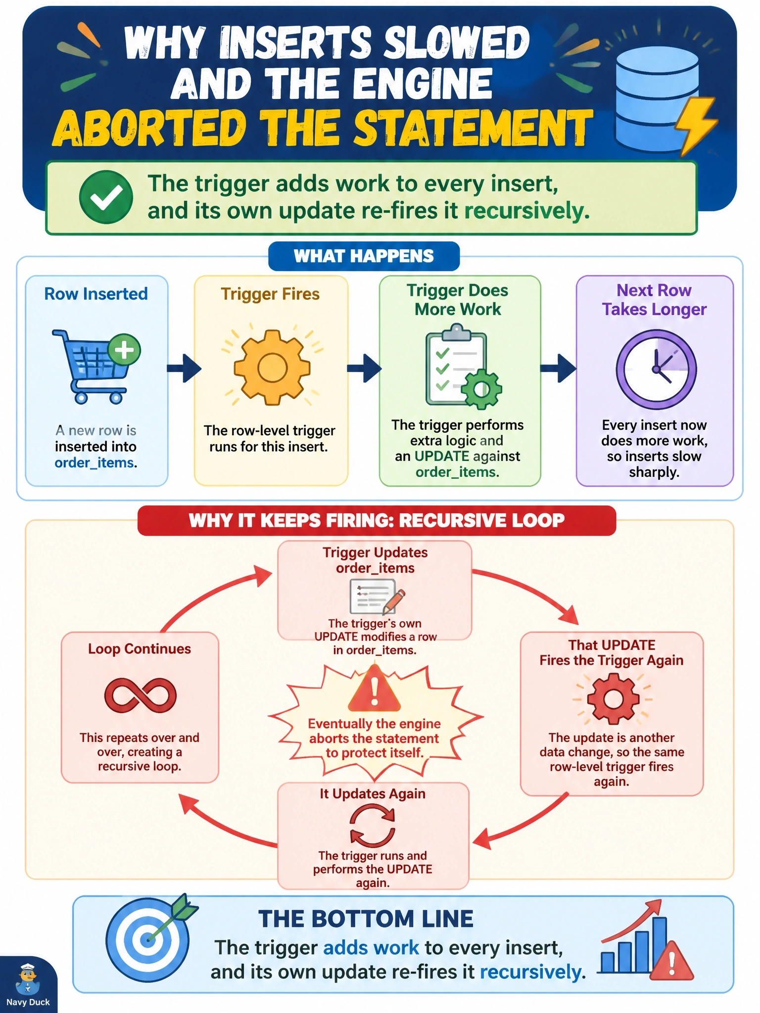 To Create an exciting colorful infographic that explains the concepts in the question: Question: After a row-level trigger was added to a busy orderitems table, inserts slowed sharply, and on some days the trigger's own UPDATE against orderitems fires the trigger again until the engine aborts the statement. What is the most likely explanation? Correct Answer: The trigger adds work to every insert, and its own update re-fires it recursively Put EVERY visible label in double quotes. No people. No A/B/C/D letters. In one of the four corners put a little "Navy Duck".