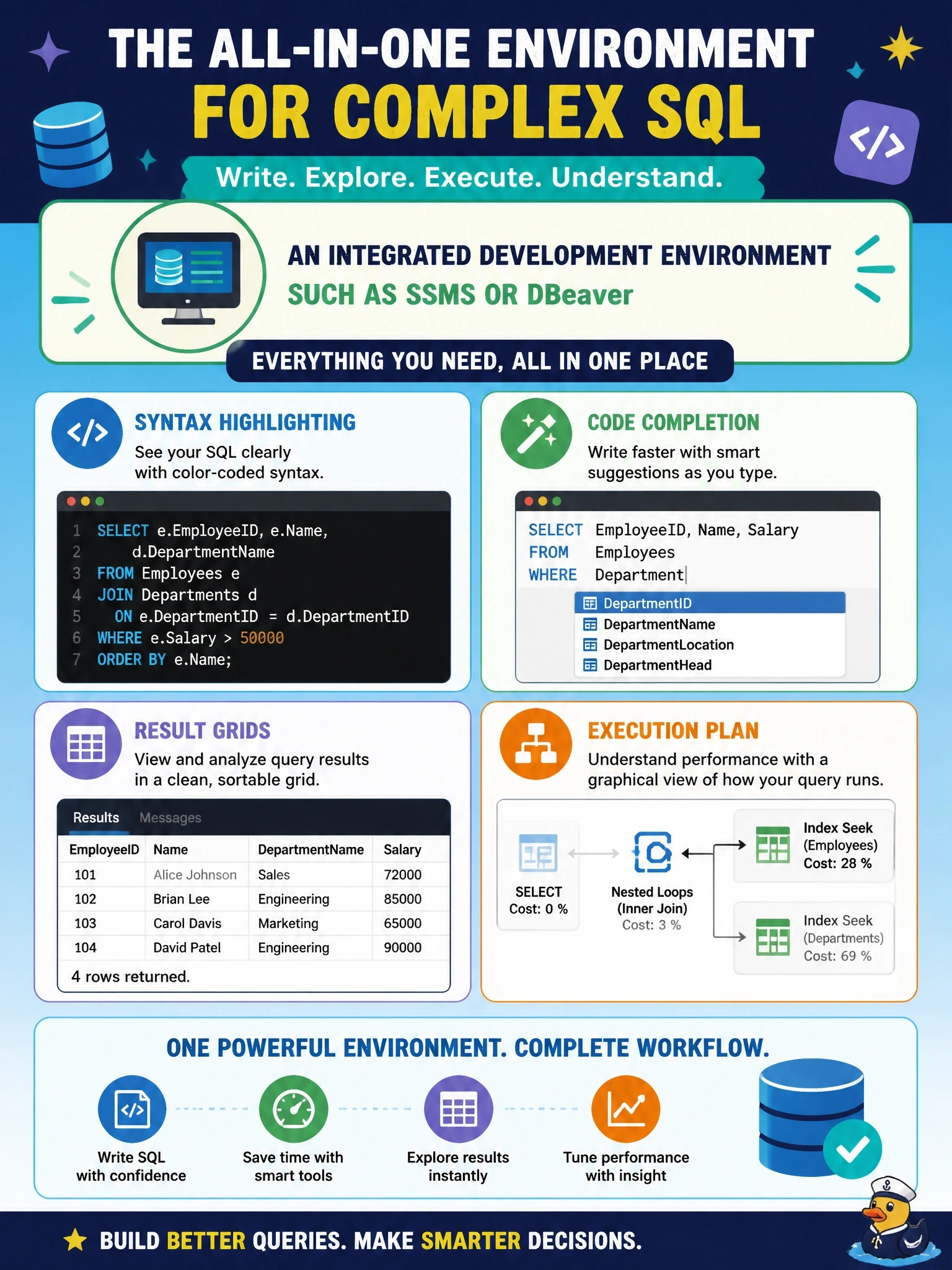 To Create an exciting colorful infographic that explains the concepts in the question: Question: A developer writing complex SQL wants syntax highlighting, code completion, result grids and a graphical view of execution plans while working interactively. Which environment provides these features together? Correct Answer: An integrated development environment such as SSMS or DBeaver Put EVERY visible label in double quotes. No people. No A/B/C/D letters. In one of the four corners put a little "Navy Duck".