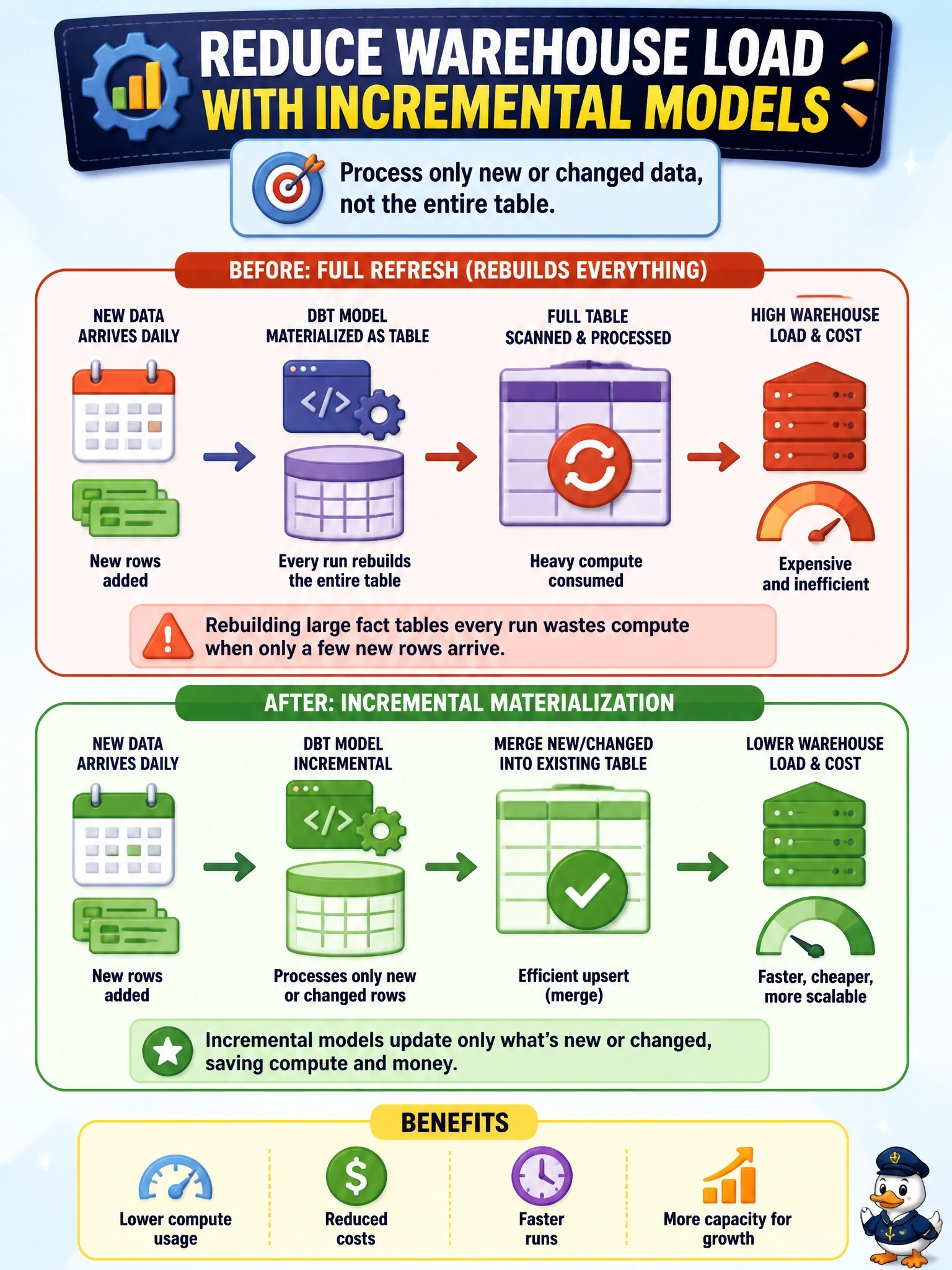 To Create an exciting colorful infographic that explains the concepts in the question: Question: Analytics engineers built dbt models materialized as tables, so every scheduled run rebuilds each large fact table from scratch and consumes heavy warehouse compute. New rows arrive daily, and older rows rarely change. Which change reduces the load on the warehouse? Correct Answer: Switch the large models to incremental materialization so each run processes only new or changed rows Put EVERY visible label in double quotes. No people. No A/B/C/D letters. In one of the four corners put a little "Navy Duck".