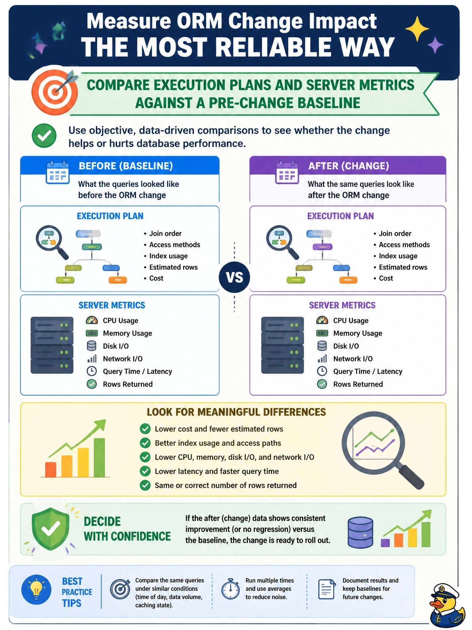 To Create an exciting colorful infographic that explains the concepts in the question: Question: A team has changed how its ORM loads related order lines and wants to know, objectively, whether the change made database performance worse before rolling it out widely. Which approach measures the impact most reliably? Correct Answer: Compare execution plans and server metrics for the affected queries against a pre-change baseline Put EVERY visible label in double quotes. No people. No A/B/C/D letters. In one of the four corners put a little "Navy Duck".