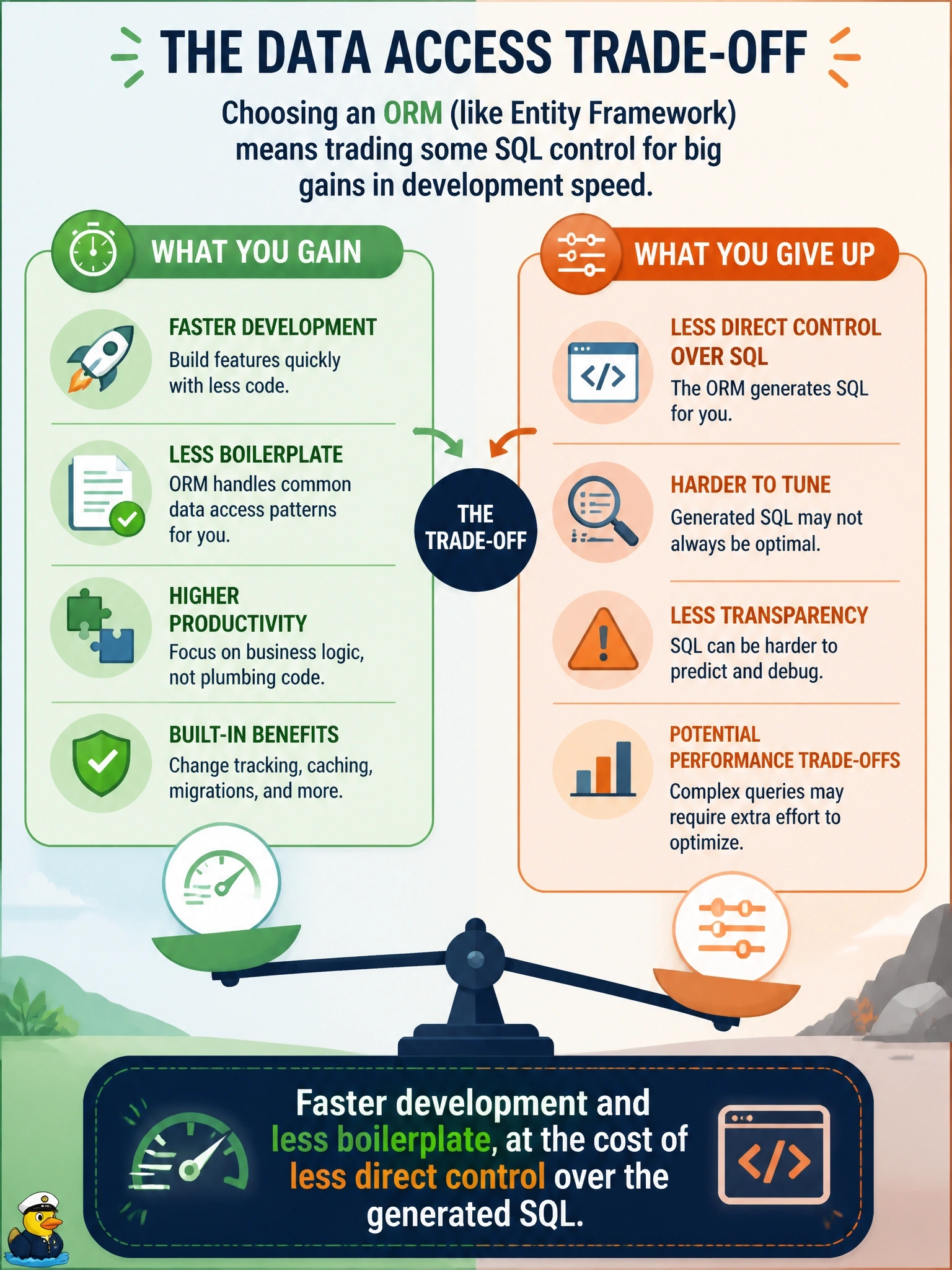 To Create an exciting colorful infographic that explains the concepts in the question: Question: An architecture review board is deciding whether a new service should use an ORM such as Entity Framework or hand-written SQL for its data access layer. Which statement best summarizes the trade-off the board should weigh? Correct Answer: Faster development and less boilerplate, at the cost of less direct control over the generated SQL Put EVERY visible label in double quotes. No people. No A/B/C/D letters. In one of the four corners put a little "Navy Duck".