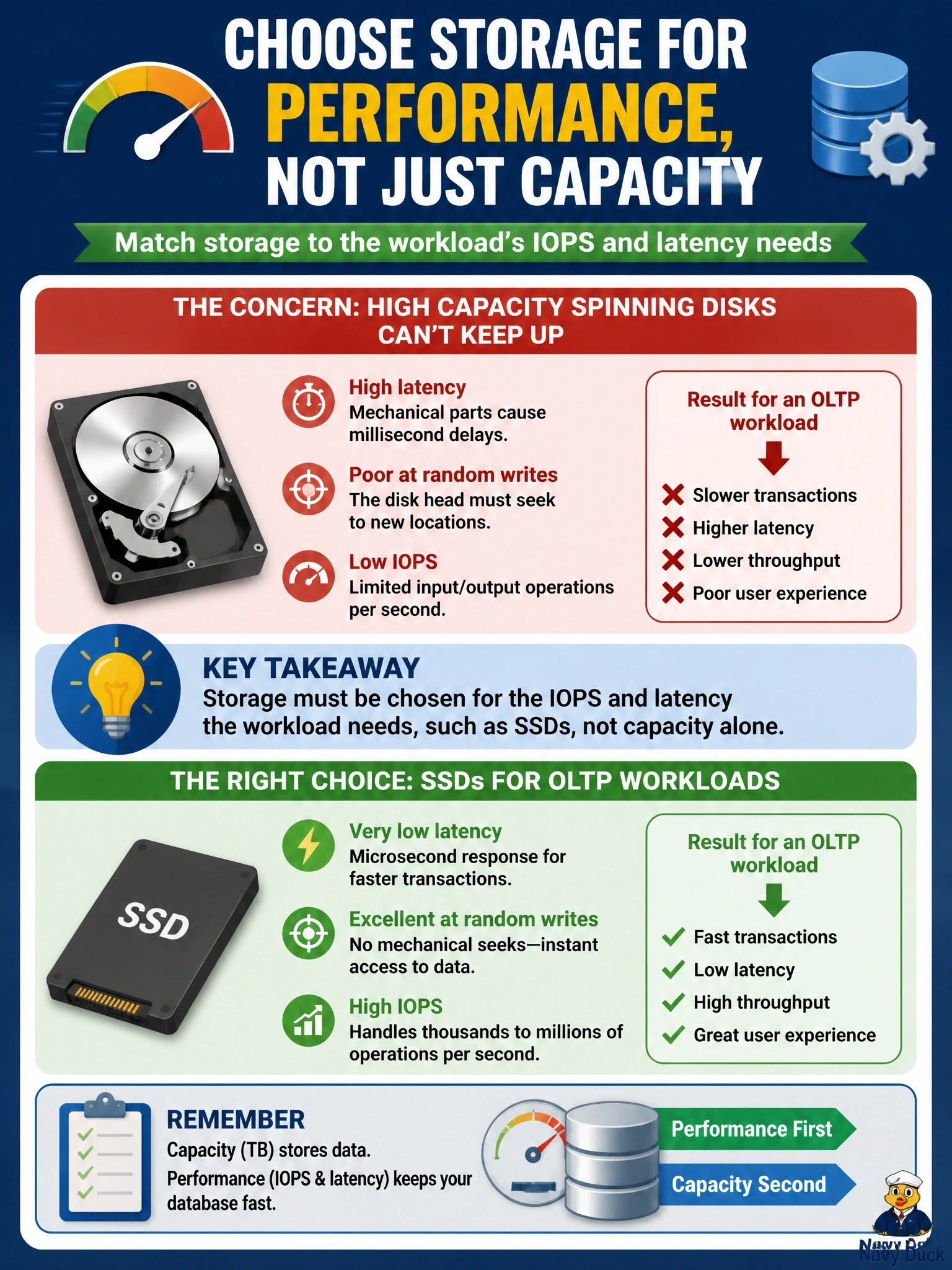To Create an exciting colorful infographic that explains the concepts in the question: Question: A team plans to host a new OLTP order database, which performs thousands of small random writes per second, on a few high-capacity 7,200 RPM spinning disks because they offer the lowest cost per terabyte. What is the main concern with this storage specification? Correct Answer: Storage must be chosen for the IOPS and latency the workload needs, such as SSDs, not capacity alone Put EVERY visible label in double quotes. No people. No A/B/C/D letters. In one of the four corners put a little "Navy Duck".