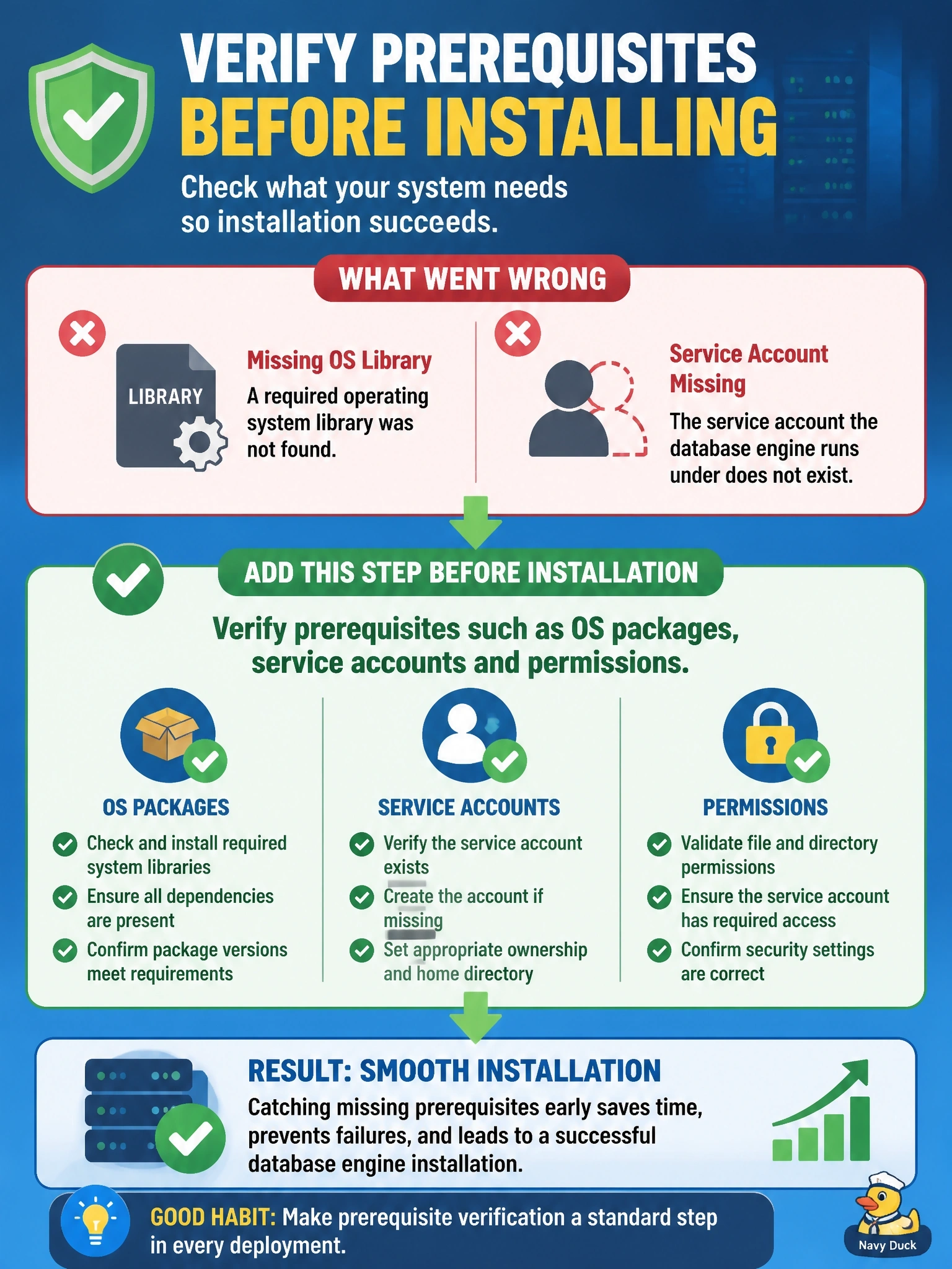 To Create an exciting colorful infographic that explains the concepts in the question: Question: An installation of a database engine on a new Linux server fails partway through. The log shows that a required operating system library is missing and that the service account the engine runs under does not exist. Which deployment step should the team add before the next attempt? Correct Answer: Verify prerequisites such as OS packages, service accounts and permissions before installing Put EVERY visible label in double quotes. No people. No A/B/C/D letters. In one of the four corners put a little "Navy Duck".