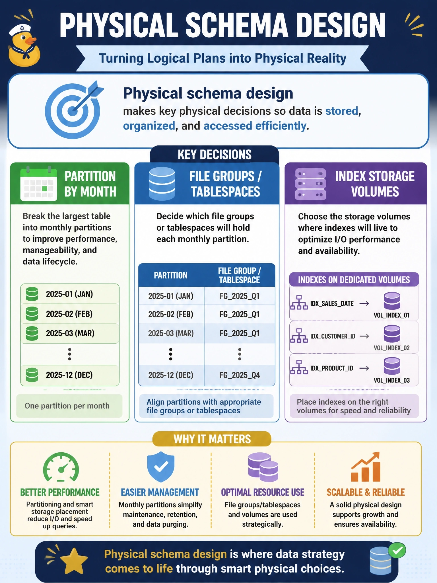 To Create an exciting colorful infographic that explains the concepts in the question: Question: With the logical model approved, a DBA is now deciding how to partition the largest table by month, which file groups or tablespaces hold each partition, and on which storage volumes the indexes will live. Which design activity is this? Correct Answer: Physical schema design Put EVERY visible label in double quotes. No people. No A/B/C/D letters. In one of the four corners put a little "Navy Duck".