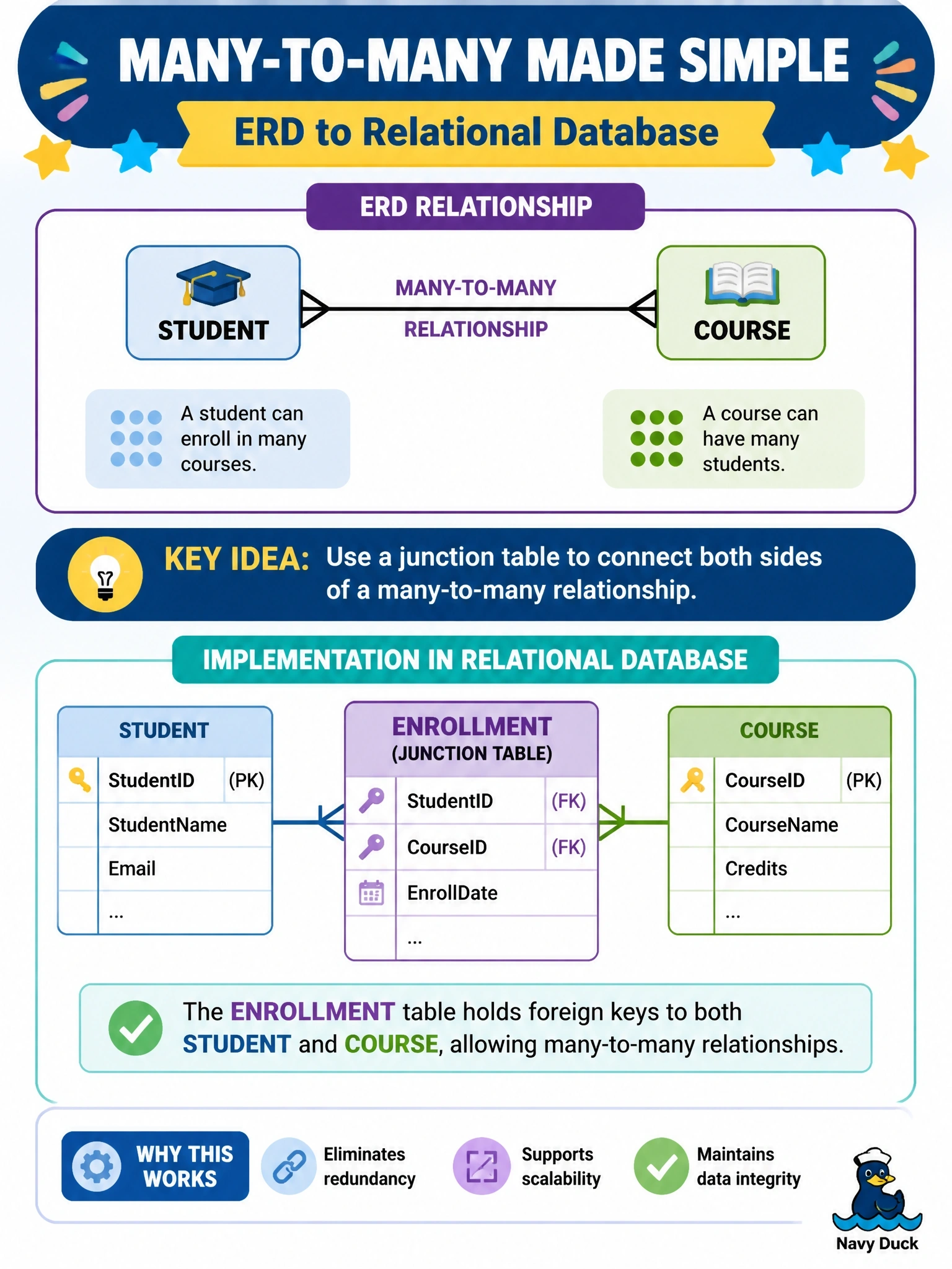 To Create an exciting colorful infographic that explains the concepts in the question: Question: An ERD for a training system shows crow's-foot symbols at both ends of the line between Student and Course: a student can enroll in many courses, and a course can have many students. How should this relationship be implemented in a relational database? Correct Answer: Create a junction table holding foreign keys to both the student and course tables Put EVERY visible label in double quotes. No people. No A/B/C/D letters. In one of the four corners put a little "Navy Duck".