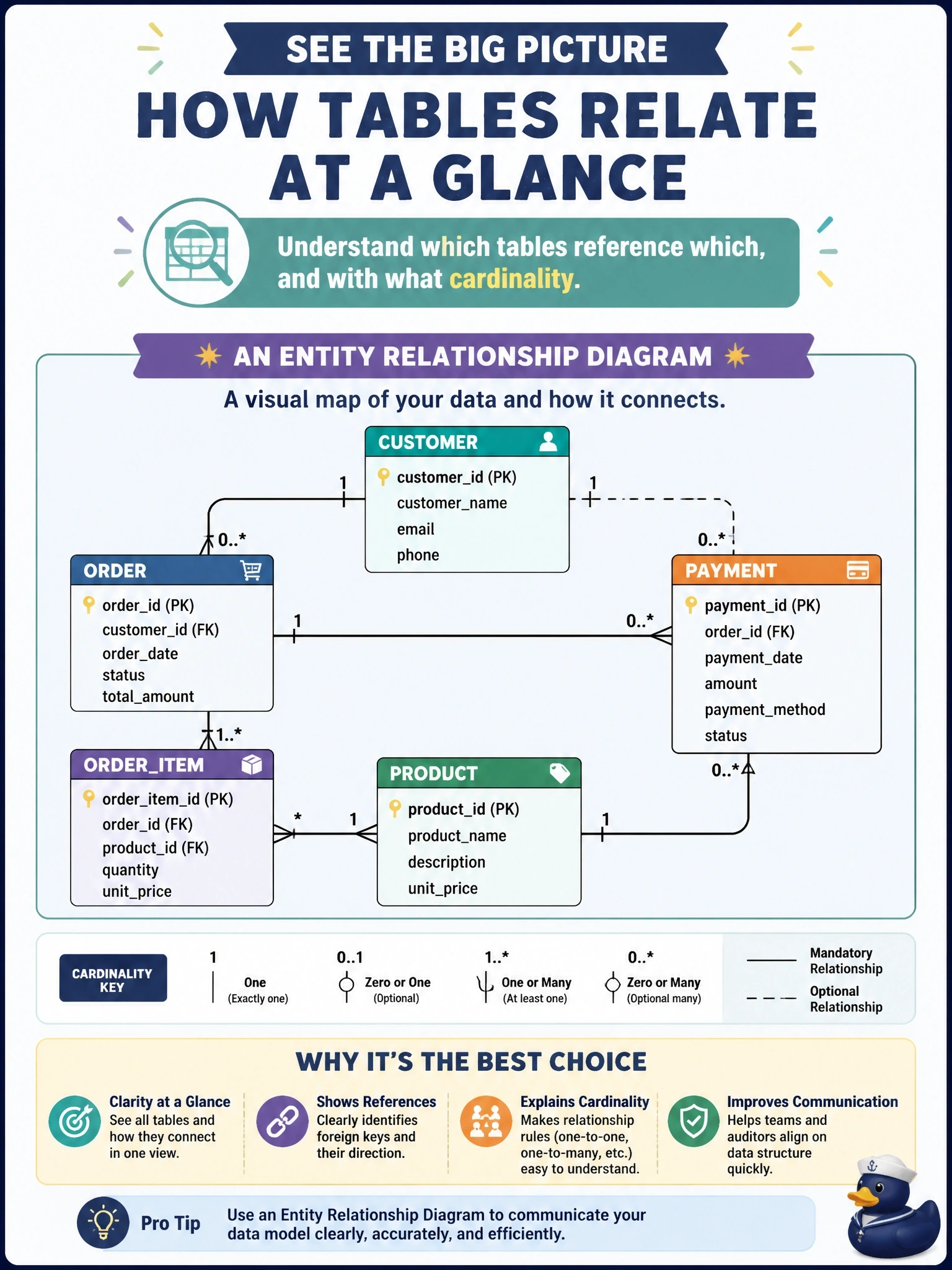To Create an exciting colorful infographic that explains the concepts in the question: Question: External auditors want to understand, at a glance, how the tables in a payment system relate to one another, including which tables reference which and with what cardinality. Which design document is best suited to communicate this? Correct Answer: An entity relationship diagram Put EVERY visible label in double quotes. No people. No A/B/C/D letters. In one of the four corners put a little "Navy Duck".