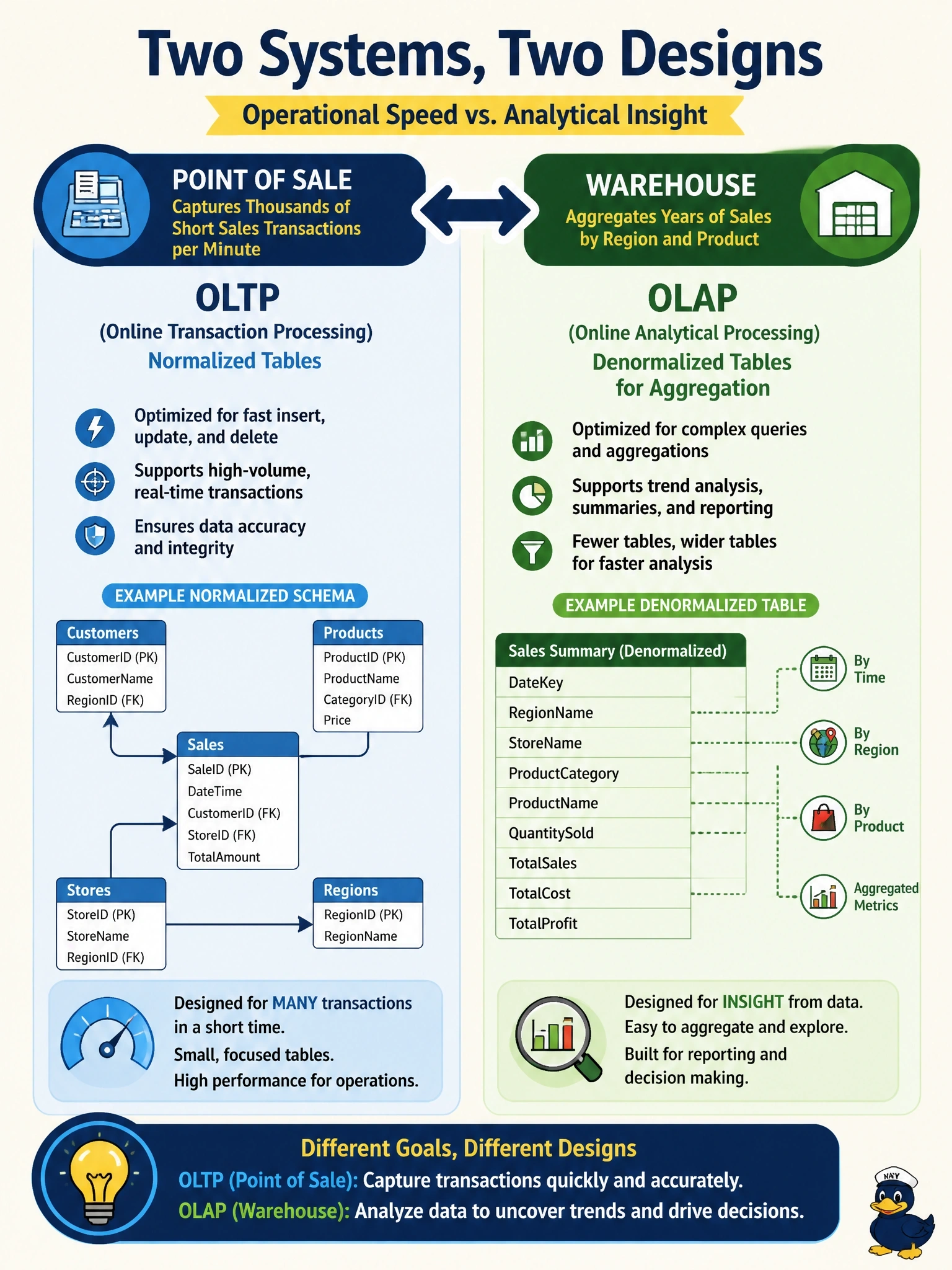 To Create an exciting colorful infographic that explains the concepts in the question: Question: A retailer runs a point-of-sale system that records thousands of short sales transactions per minute, and a separate warehouse where analysts aggregate years of sales by region and product. Which description matches the two systems' designs? Correct Answer: Point of sale: OLTP with normalized tables; warehouse: OLAP with denormalized tables for aggregation Put EVERY visible label in double quotes. No people. No A/B/C/D letters. In one of the four corners put a little "Navy Duck".