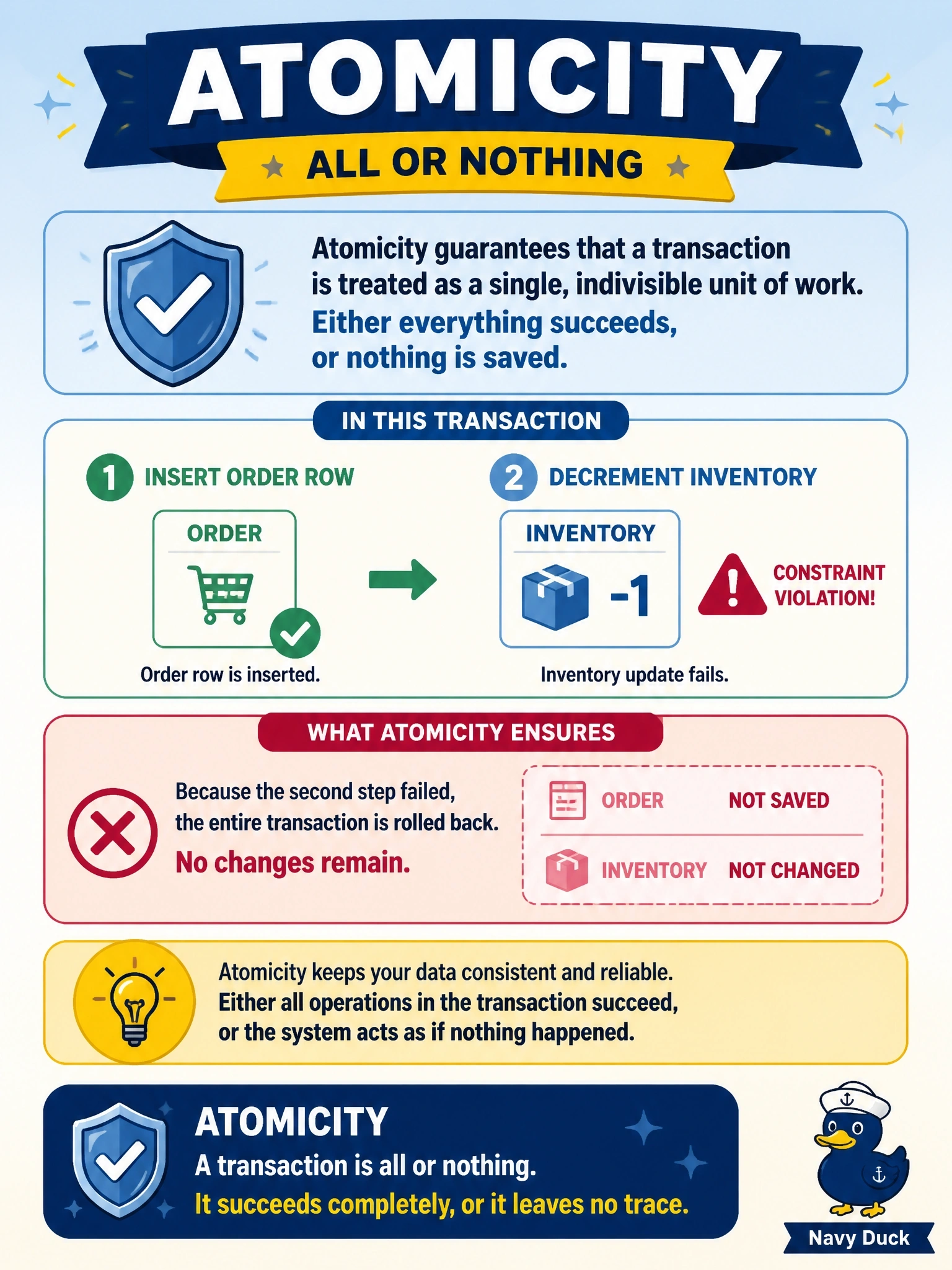 To Create an exciting colorful infographic that explains the concepts in the question: Question: An e-commerce application wraps two statements in one transaction: insert the order row, then decrement the product's inventory. The inventory update fails on a constraint violation, and the business requires that the order row must then not remain either. Which ACID property guarantees this behavior? Correct Answer: Atomicity Put EVERY visible label in double quotes. No people. No A/B/C/D letters. In one of the four corners put a little "Navy Duck".