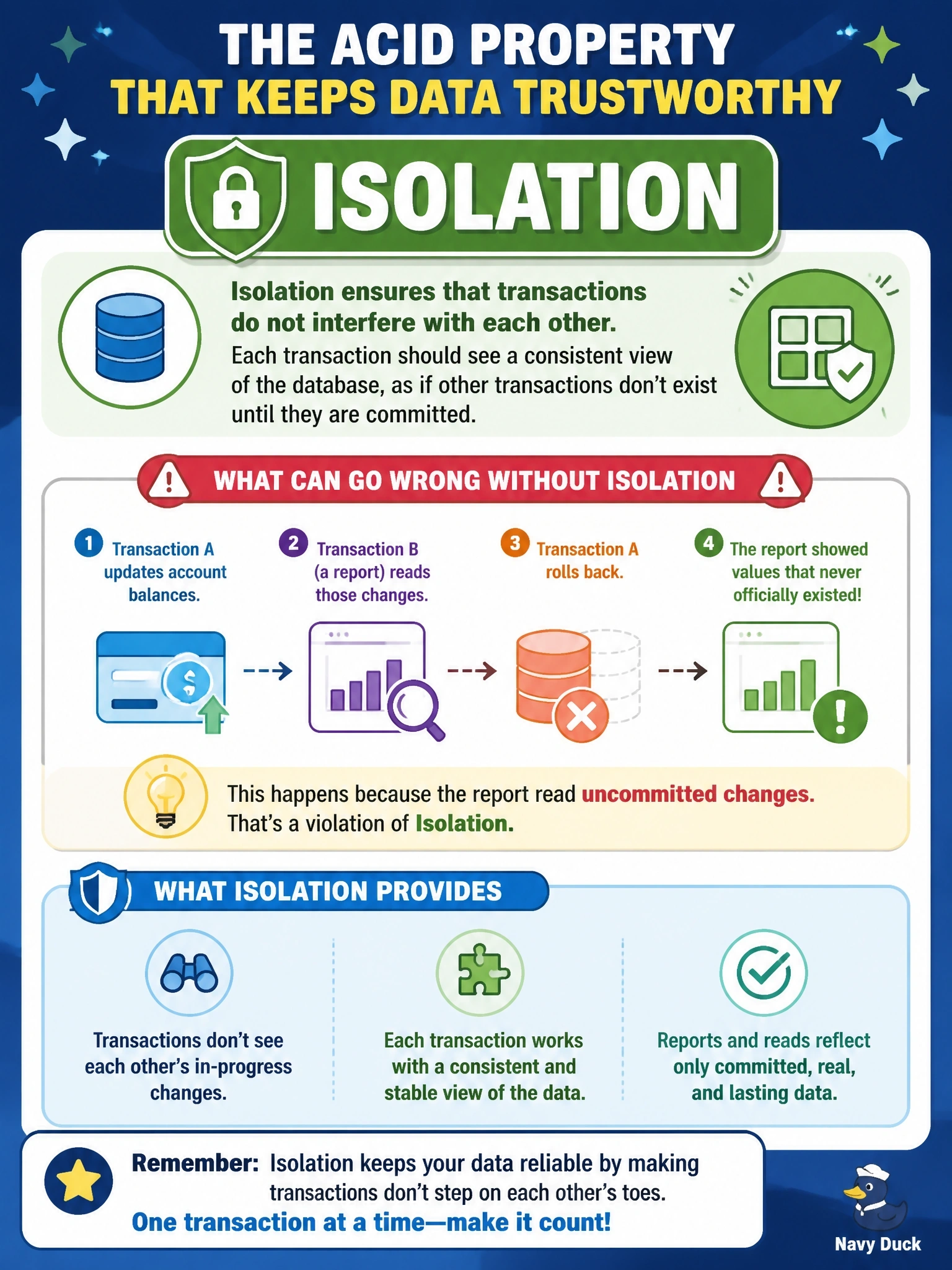 To Create an exciting colorful infographic that explains the concepts in the question: Question: During testing, a report transaction reads account balances that another transaction has changed but not yet committed. The other transaction then rolls back, so the report has shown values that never officially existed. Which ACID property is not being adequately enforced? Correct Answer: Isolation Put EVERY visible label in double quotes. No people. No A/B/C/D letters. In one of the four corners put a little "Navy Duck".