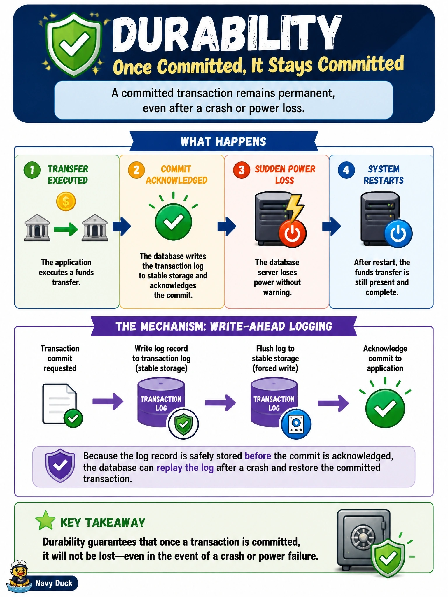 To Create an exciting colorful infographic that explains the concepts in the question: Question: A database server loses power without warning seconds after an application received a successful commit for a funds transfer. When the server restarts, the transfer is still present and complete. Which ACID property does this demonstrate, and what mechanism typically provides it? Correct Answer: Durability, provided by writing the transaction log to stable storage before the commit is acknowledged Put EVERY visible label in double quotes. No people. No A/B/C/D letters. In one of the four corners put a little "Navy Duck".