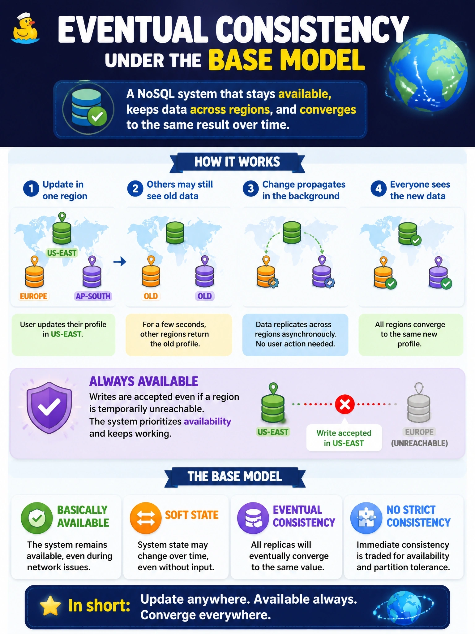 To Create an exciting colorful infographic that explains the concepts in the question: Question: A user updates their profile on a globally distributed NoSQL store. For a few seconds, users reading from another region still see the old profile, and then everyone sees the new version. The system accepts writes even if a region is temporarily unreachable. Which consistency model does this behavior illustrate? Correct Answer: Eventual consistency under the BASE model Put EVERY visible label in double quotes. No people. No A/B/C/D letters. In one of the four corners put a little "Navy Duck".