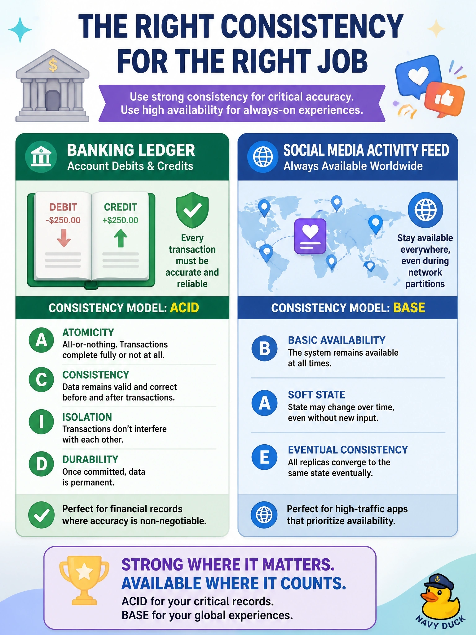 To Create an exciting colorful infographic that explains the concepts in the question: Question: An architect is choosing data stores for two new services: a banking ledger that records account debits and credits, and a social media activity feed that must stay available worldwide even during network partitions. Which pairing of consistency models is most appropriate? Correct Answer: ACID for the banking ledger and BASE for the activity feed Put EVERY visible label in double quotes. No people. No A/B/C/D letters. In one of the four corners put a little "Navy Duck".