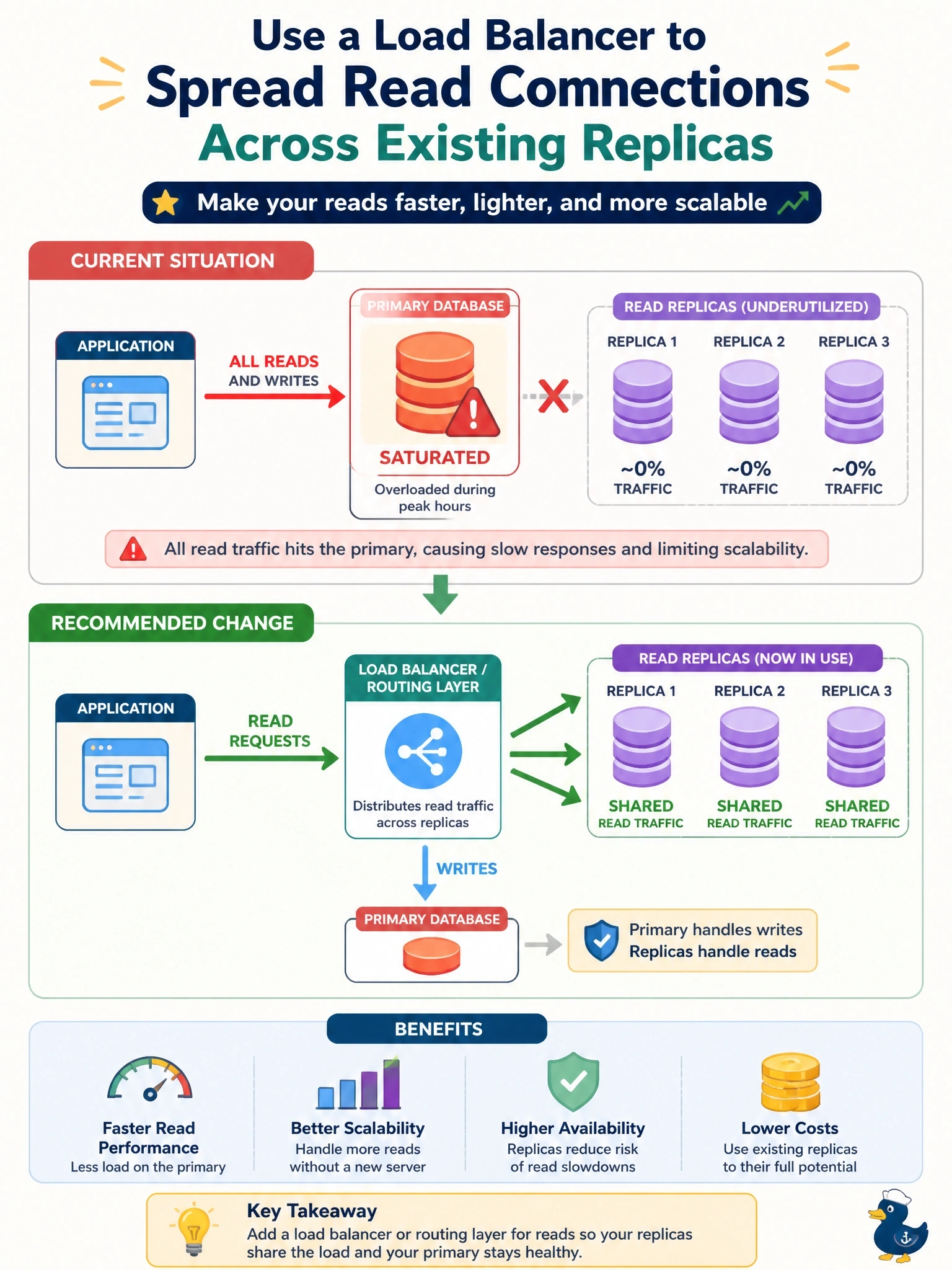 To Create an exciting colorful infographic that explains the concepts in the question: Question: An application performs mostly reads, and its single primary database server is saturated during peak hours. Three read replicas were built months ago but receive almost no traffic because every application connection points at the primary. Which change best uses the existing infrastructure? Correct Answer: Use a load balancer or routing layer to spread read connections across the replicas Put EVERY visible label in double quotes. No people. No A/B/C/D letters. In one of the four corners put a little "Navy Duck".
