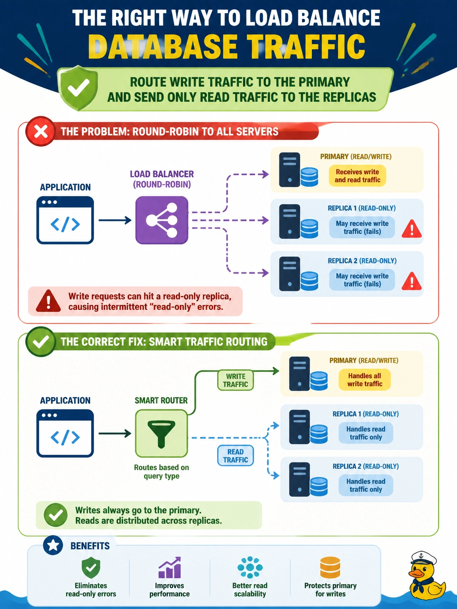 To Create an exciting colorful infographic that explains the concepts in the question: Question: After a load balancer was placed in front of a primary database and two read-only replicas, the application intermittently fails with errors stating that the database is read-only. The balancer distributes all connections round-robin across the three servers. What is the correct fix? Correct Answer: Route write traffic to the primary and send only read traffic to the replicas Put EVERY visible label in double quotes. No people. No A/B/C/D letters. In one of the four corners put a little "Navy Duck".