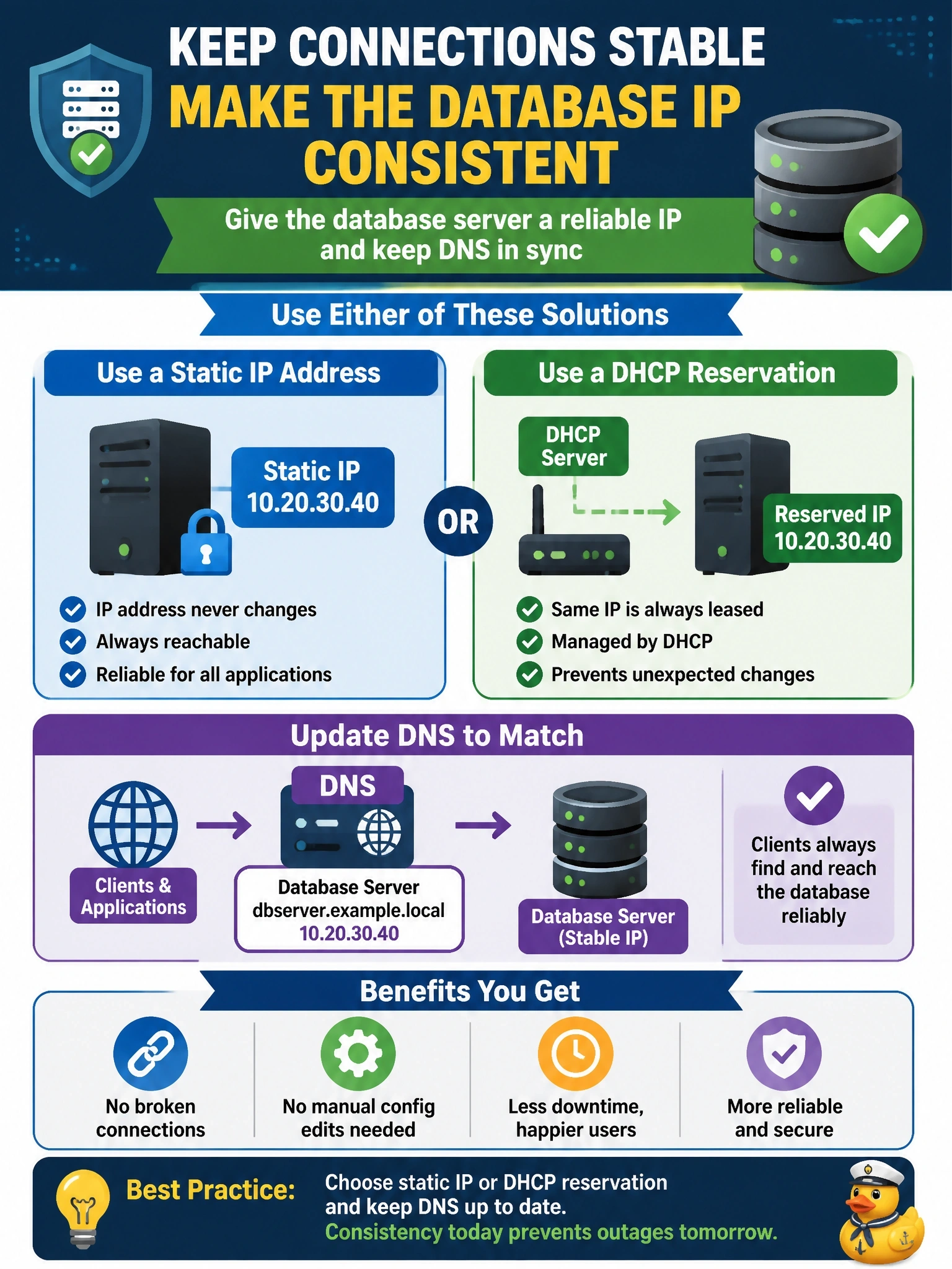To Create an exciting colorful infographic that explains the concepts in the question: Question: After a weekend reboot, a database server came back with a different IP address from the DHCP pool. Several applications that use the server's IP address in their connection strings could no longer connect until their configuration was edited by hand. What should the DBA do to prevent a repeat? Correct Answer: Give the database server a static IP address or a DHCP reservation and update DNS to match Put EVERY visible label in double quotes. No people. No A/B/C/D letters. In one of the four corners put a little "Navy Duck".