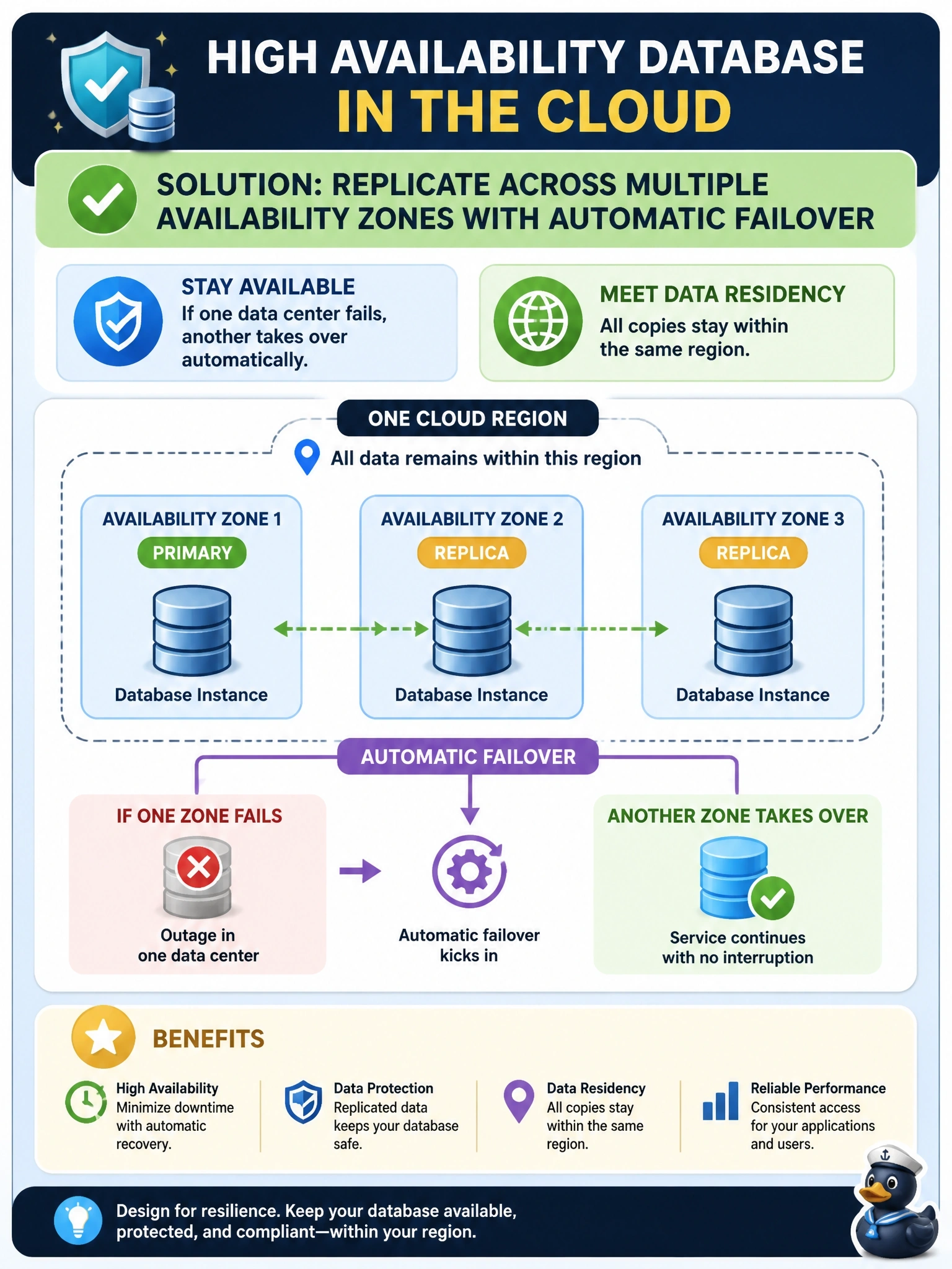 To Create an exciting colorful infographic that explains the concepts in the question: Question: A company runs a production database with a cloud provider. The database must stay available if one data center in the region fails, and data residency rules require that all copies remain within that same region. Which deployment meets both requirements? Correct Answer: Replicate the database across multiple availability zones in a multizone region with automatic failover Put EVERY visible label in double quotes. No people. No A/B/C/D letters. In one of the four corners put a little "Navy Duck".