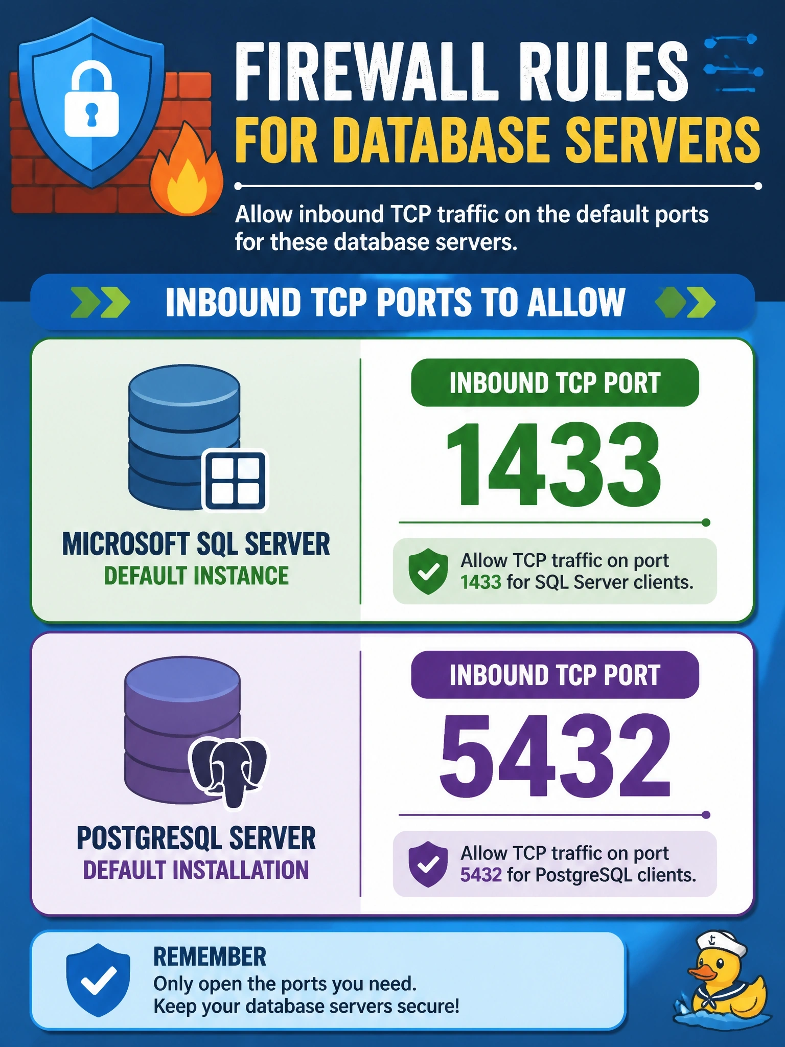 To Create an exciting colorful infographic that explains the concepts in the question: Question: A security team is writing firewall rules for two newly installed database servers: a Microsoft SQL Server default instance and a PostgreSQL server. Neither installation was customized. Which inbound TCP ports should the request list for the default configuration of each? Correct Answer: TCP 1433 for SQL Server and TCP 5432 for PostgreSQL Put EVERY visible label in double quotes. No people. No A/B/C/D letters. In one of the four corners put a little "Navy Duck".