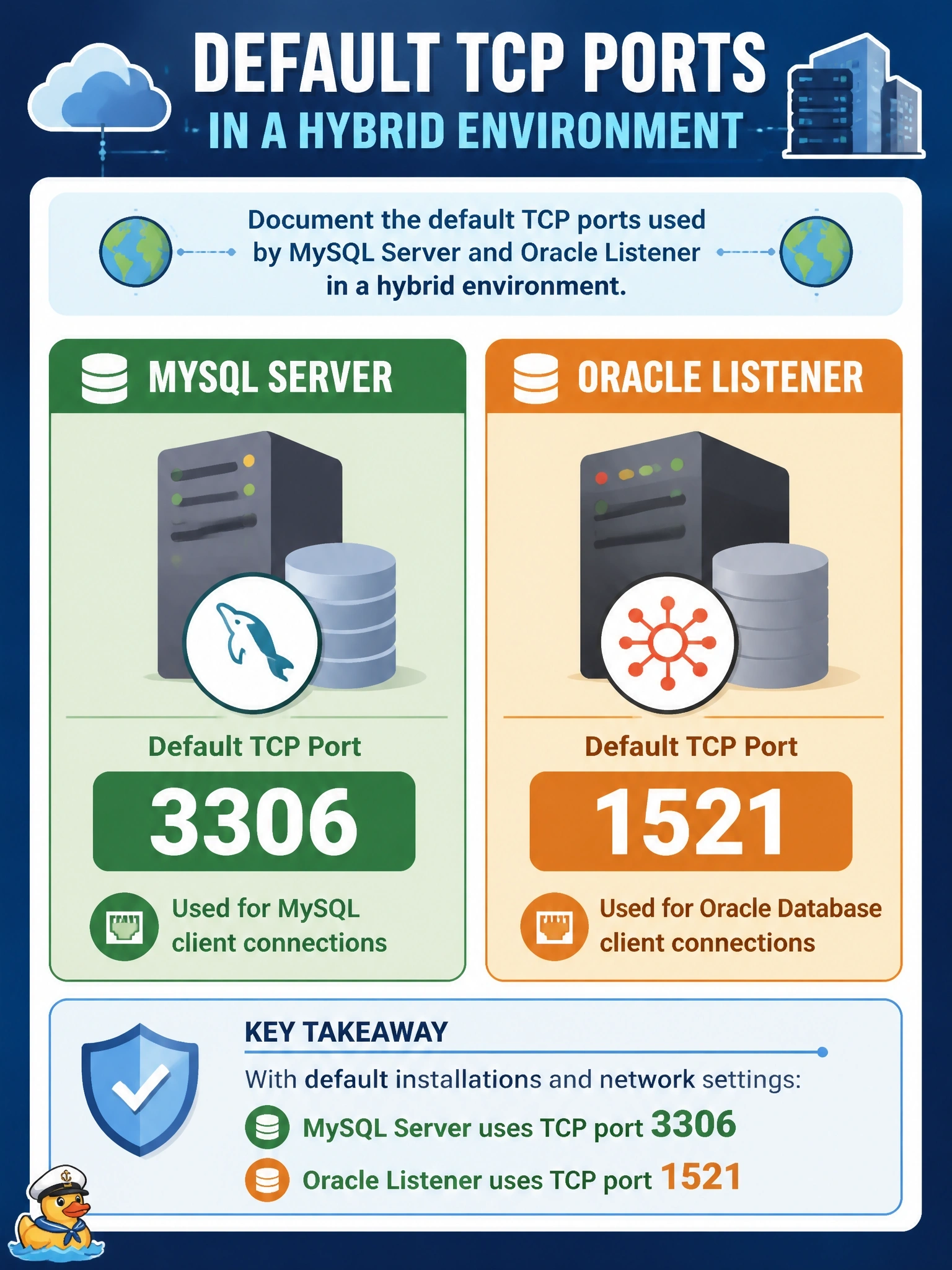To Create an exciting colorful infographic that explains the concepts in the question: Question: A DBA is documenting a hybrid environment for the network team. It includes a MySQL server and an Oracle Database server, both installed with default network settings. Which default TCP ports should the documentation list for the MySQL server and the Oracle listener? Correct Answer: TCP 3306 for MySQL and TCP 1521 for the Oracle listener Put EVERY visible label in double quotes. No people. No A/B/C/D letters. In one of the four corners put a little "Navy Duck".