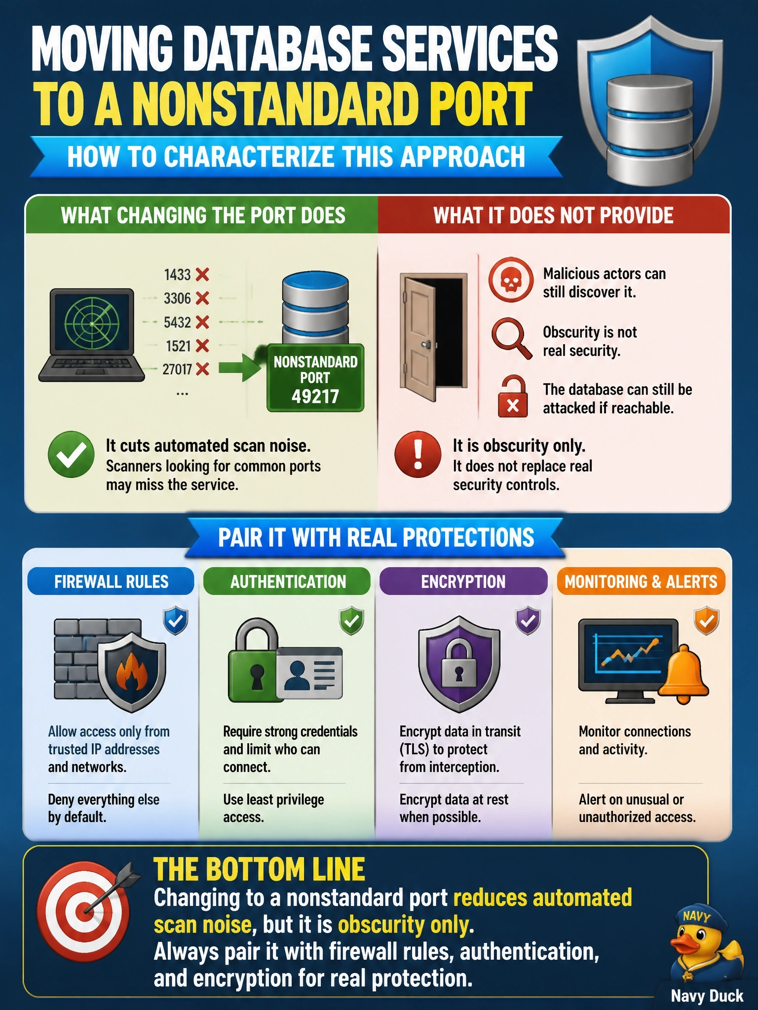 To Create an exciting colorful infographic that explains the concepts in the question: Question: To reduce exposure, management proposes moving every production database service from its default port to a nonstandard port and treating that change as the main network protection for the databases. How should the DBA characterize this proposal? Correct Answer: It cuts automated scan noise but is obscurity only and must be paired with firewall rules, authentication and encryption Put EVERY visible label in double quotes. No people. No A/B/C/D letters. In one of the four corners put a little "Navy Duck".